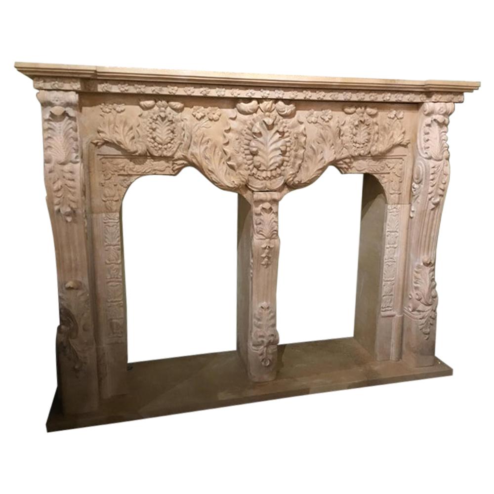 Monumental Cream Marble Mantel, Hand Carved For Sale