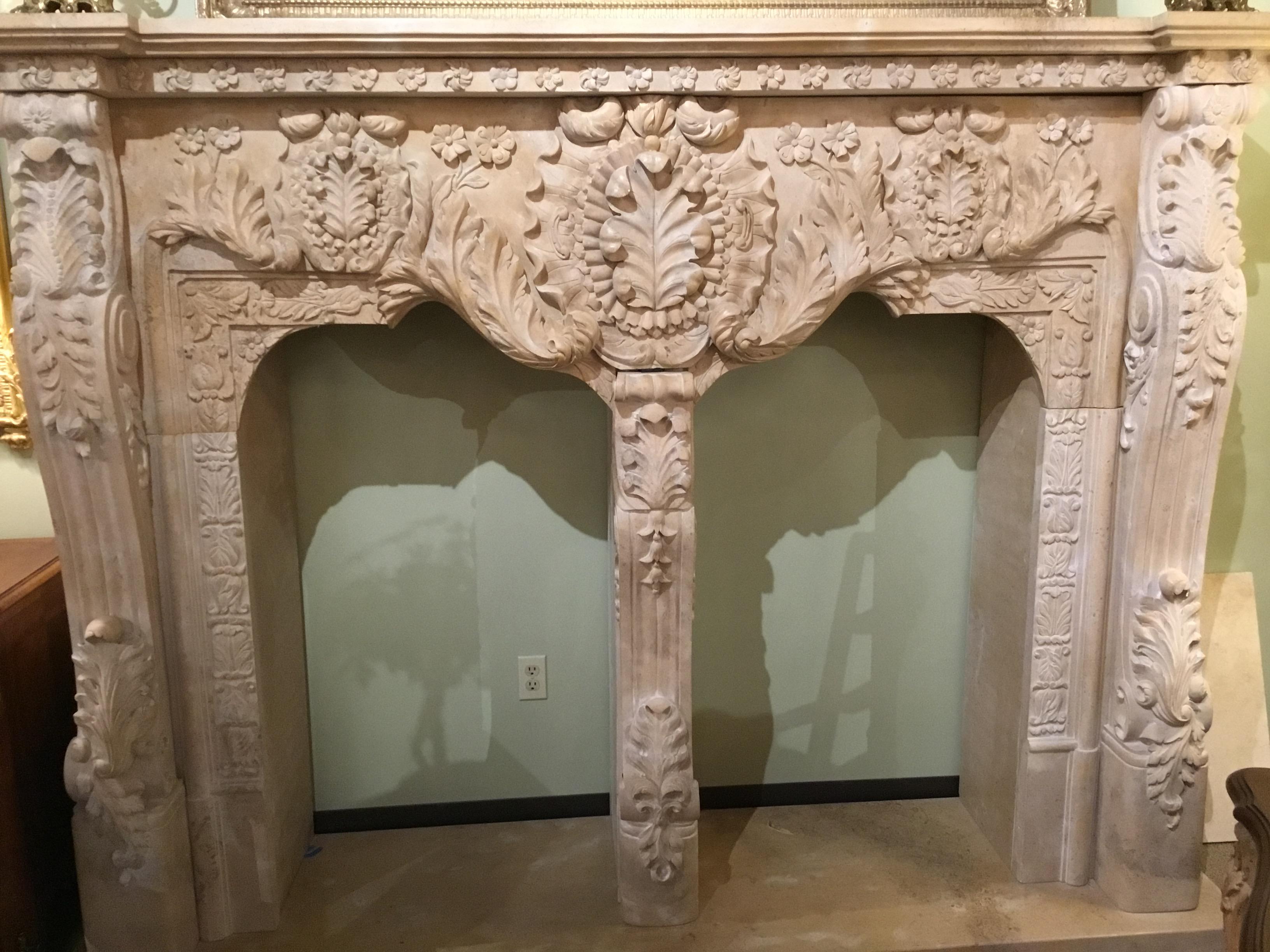 Large and handsome hand carved mantel. New and ready to ship or to be
Delivered. Comes apart for moving. The carving is extremely good. The center
Post can be removed if customer does not want a double fire place.