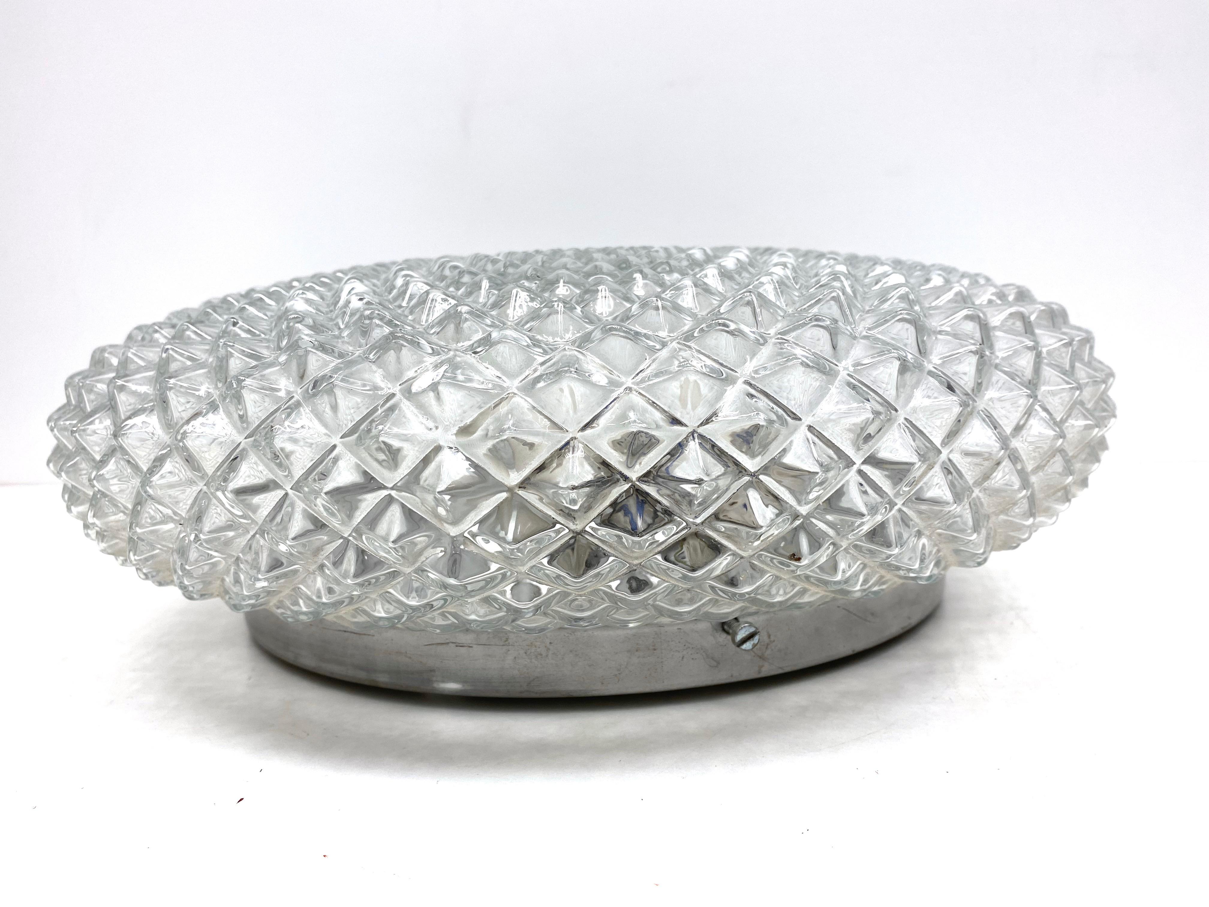 Mid-Century Modern Monumental Crystal Pattern Clear Glass Flush mount Ceiling Light, 1960s For Sale