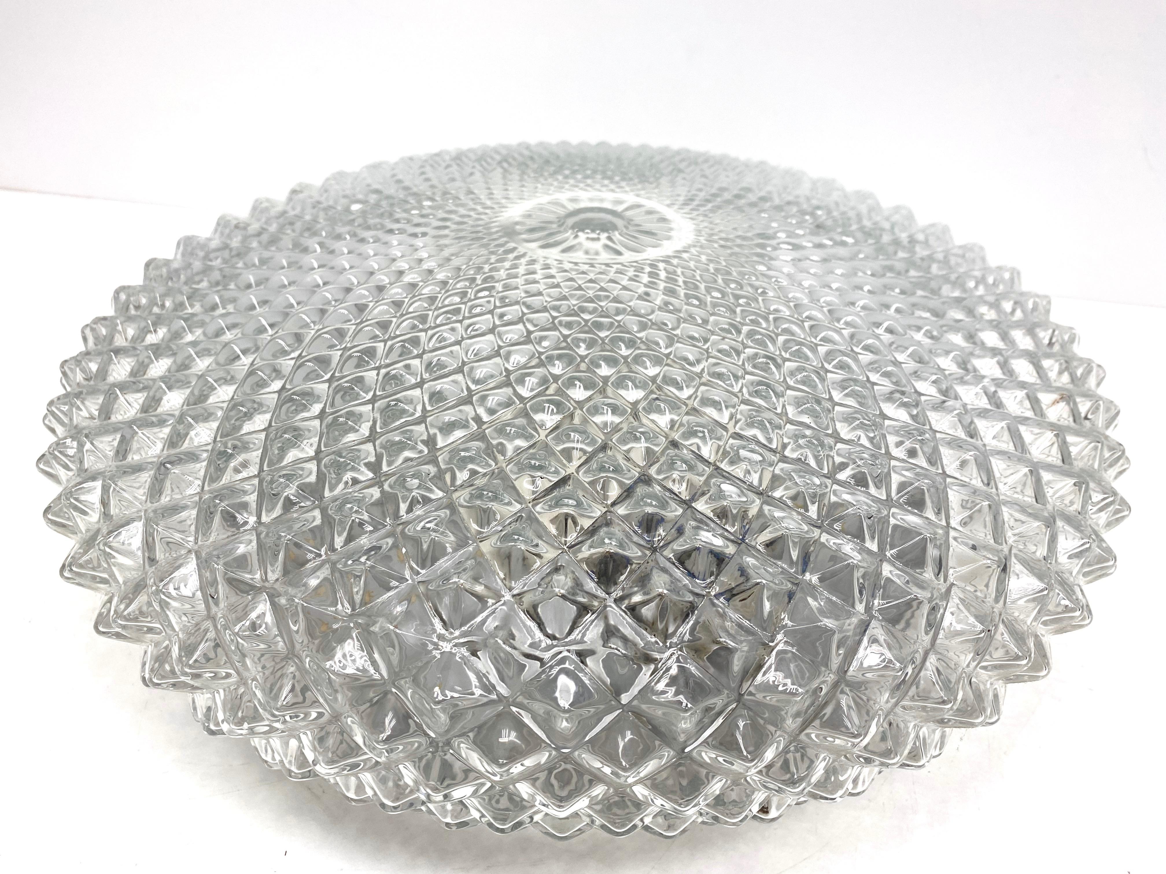German Monumental Crystal Pattern Clear Glass Flush mount Ceiling Light, 1960s For Sale