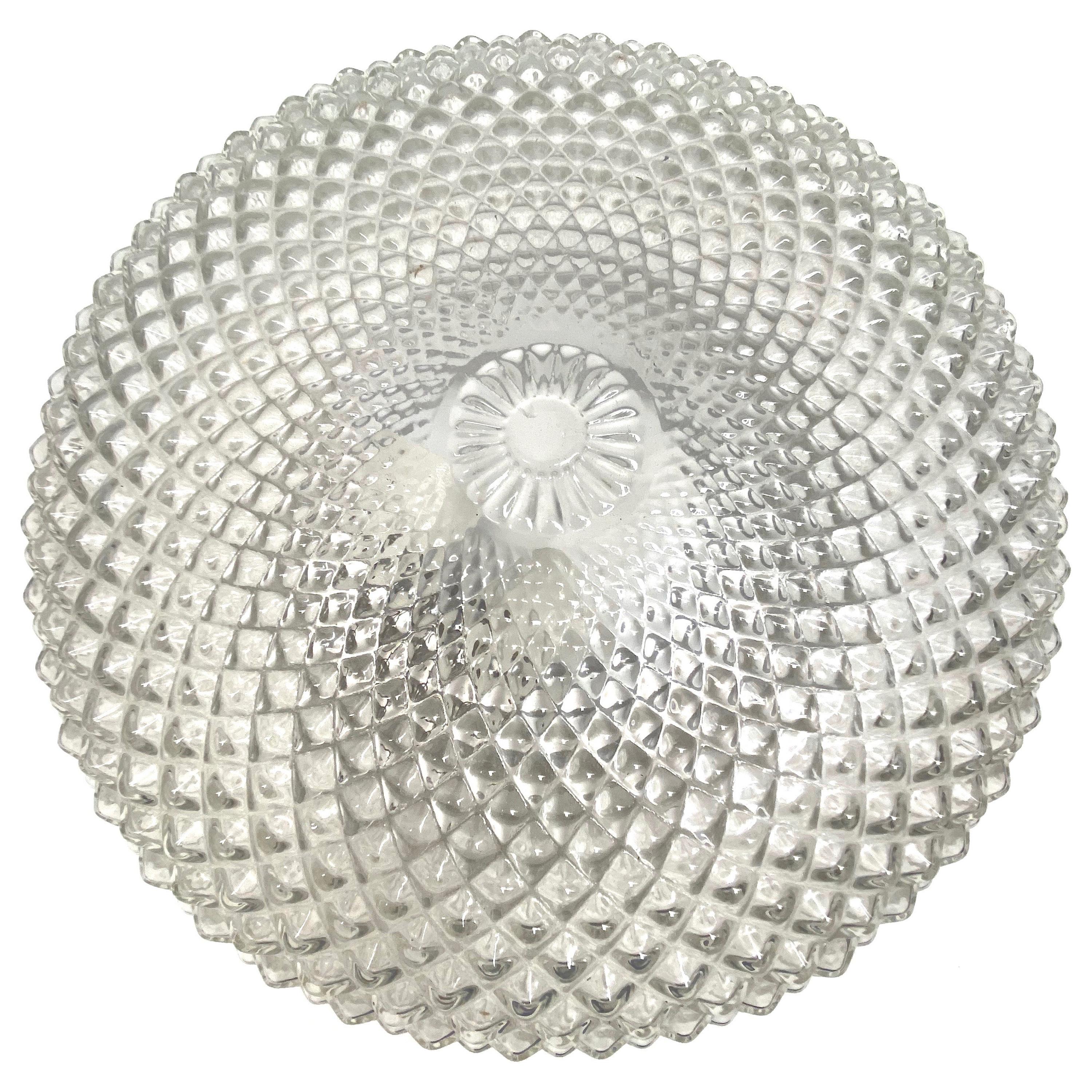 Monumental Crystal Pattern Clear Glass Flush Mount Ceiling Light, 1960s For Sale