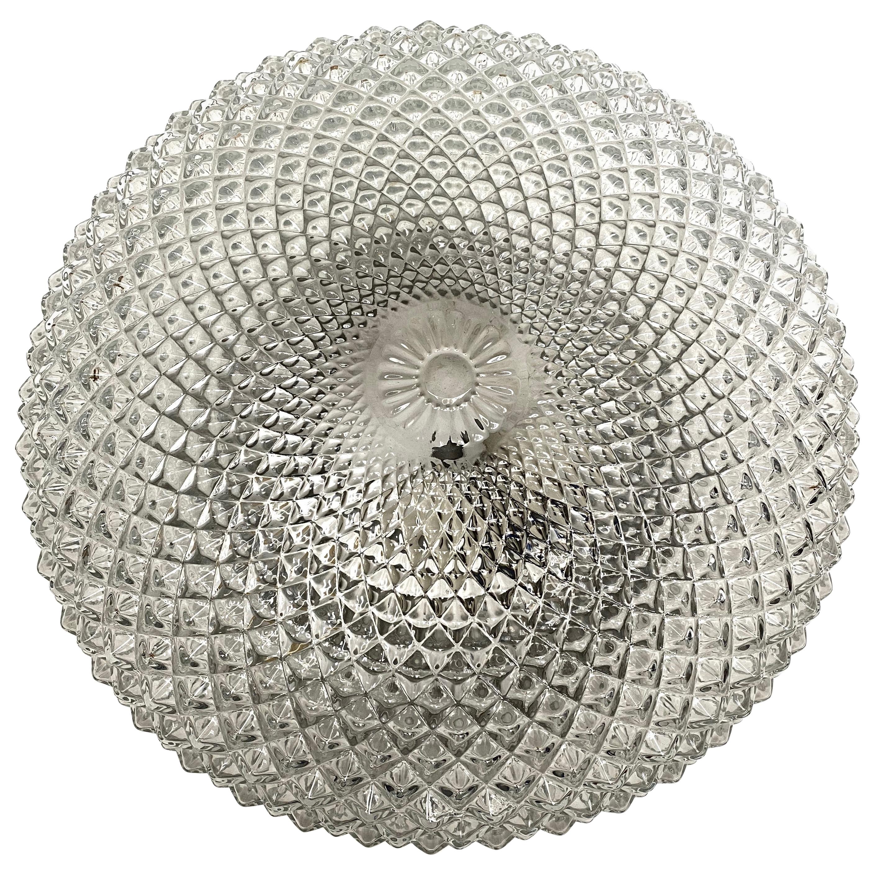 Monumental Crystal Pattern Clear Glass Flush mount Ceiling Light, 1960s