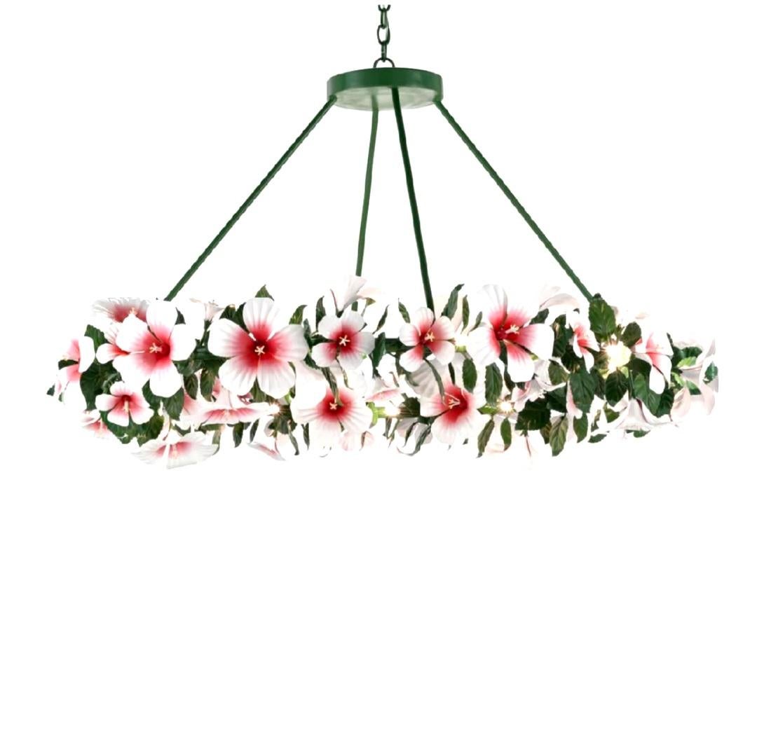 Contemporary Monumental Currey & Company Tole Hibiscus Floral Pink Green Regency chandelier For Sale