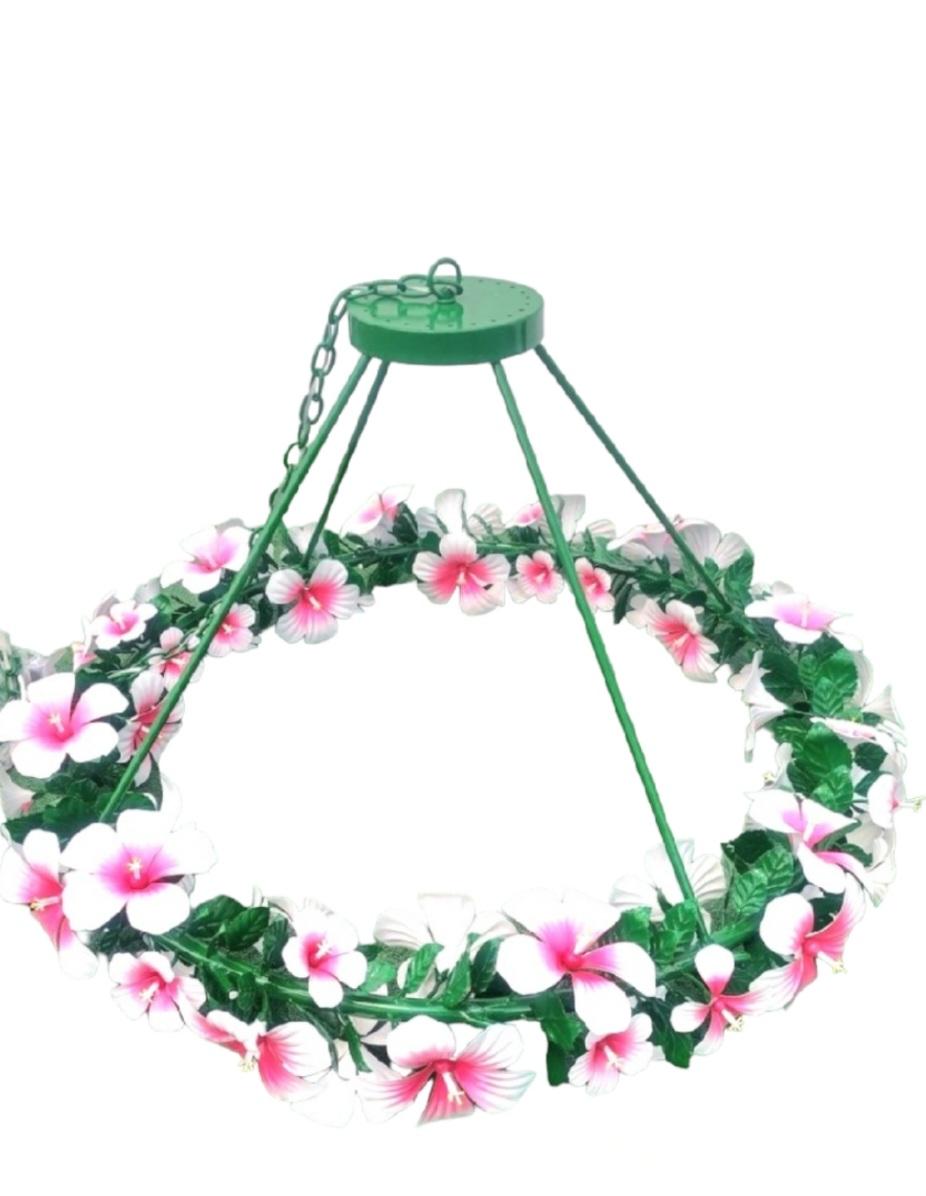 Metal Monumental Currey & Company Tole Hibiscus Floral Pink Green Regency chandelier For Sale