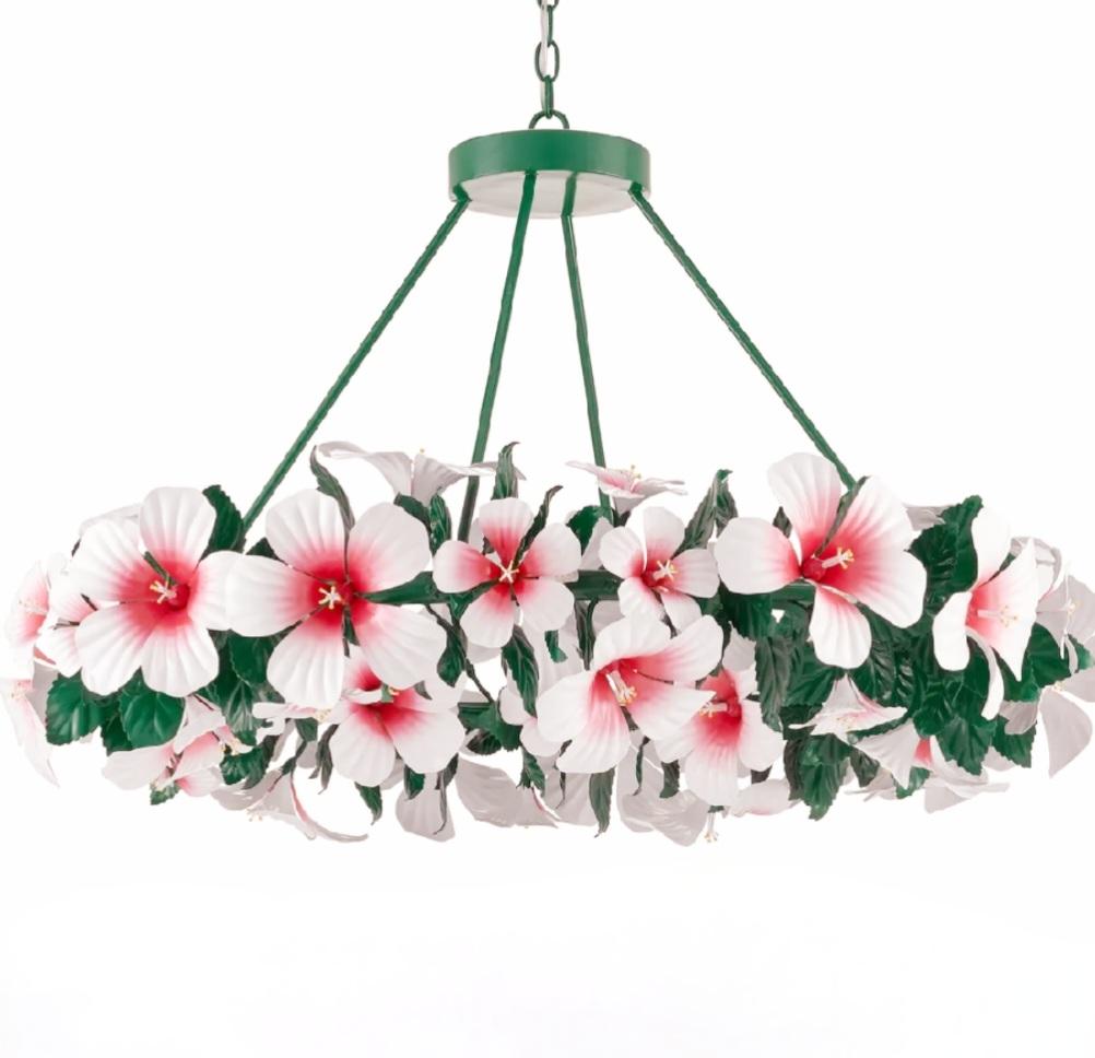 Monumental Currey & Company Tole Hibiscus Floral Pink Green Regency chandelier For Sale 2
