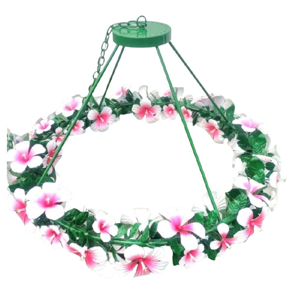 Monumental Currey & Company Tole Hibiscus Floral Pink Green Regency chandelier For Sale