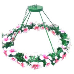 Monumental Currey & Company Tole Hibiscus Floral Pink Green Regency chandelier