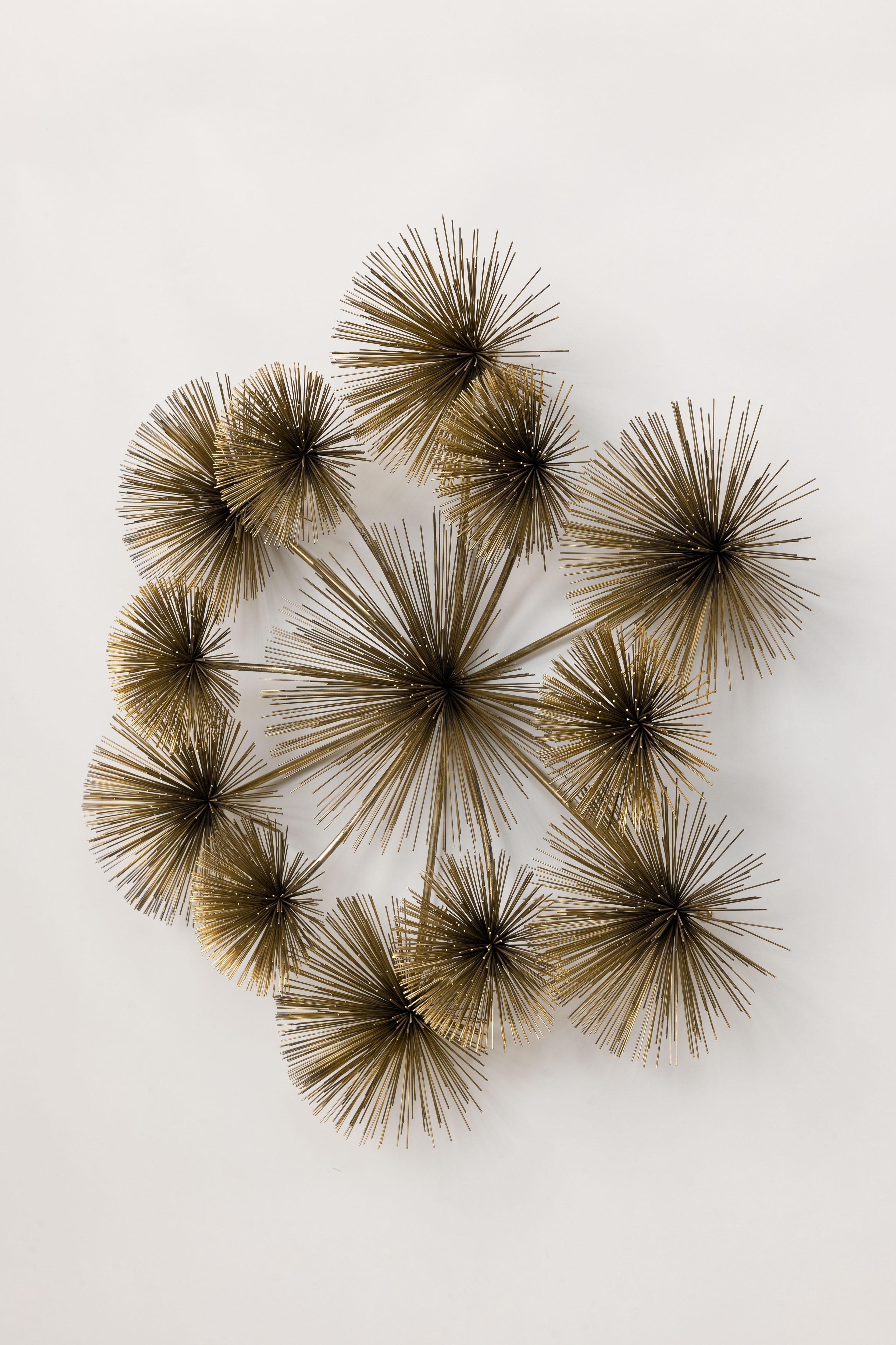 Unique XL size vintage brass Curtis Jere metal 'Pom Pom' / 'Sea Urchin' wall sculpture by Artisan House, 
USA 1970's.
This impressive and room-filling object consists of 13 (!) individual pom pom's. A striking and beautiful mid century art piece