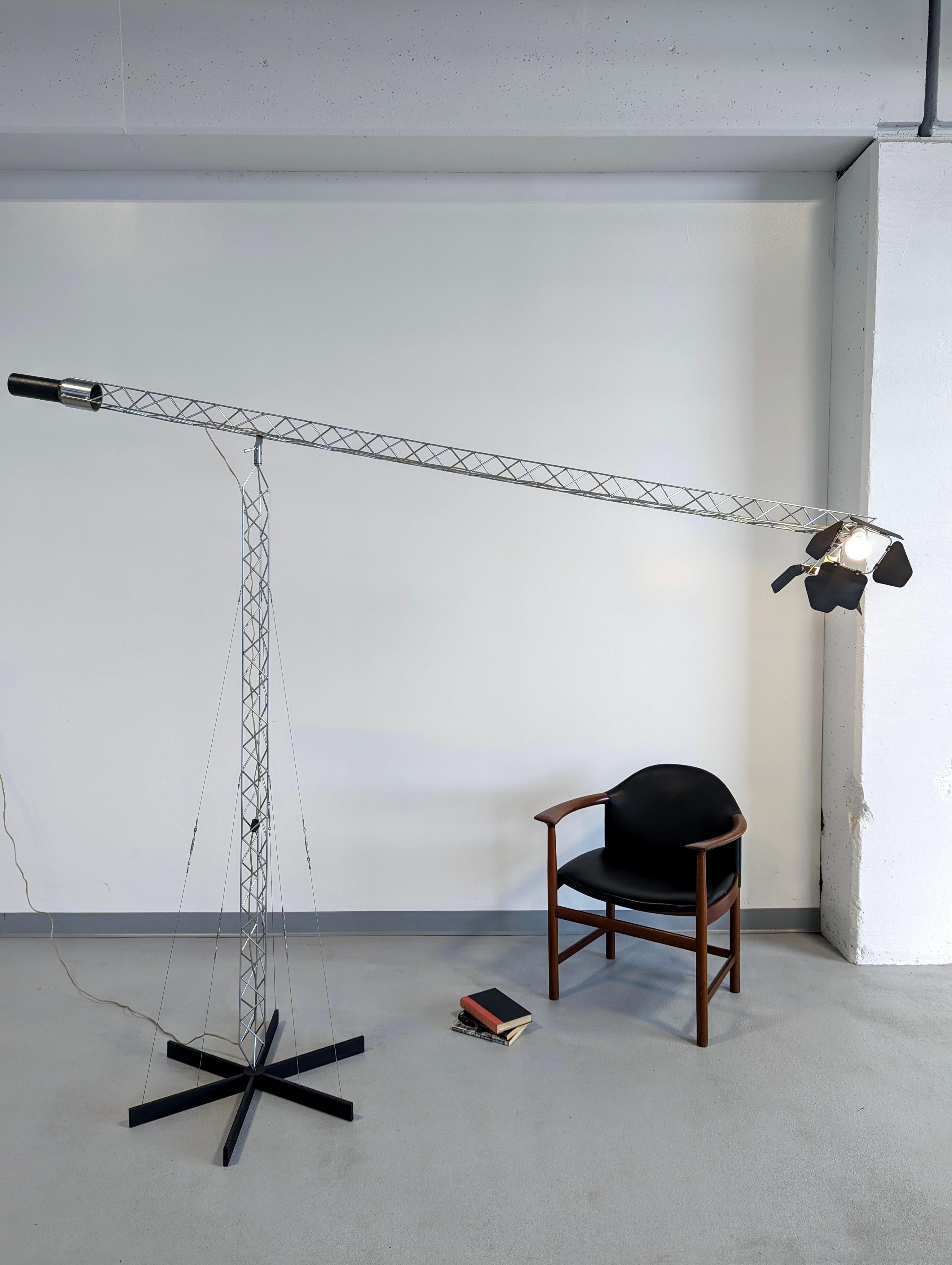 Monumental size plated chrome crane sculpture floor lighting by the metal work company Curtis Jere.

The floor lighting crane sculpture was made in different sizes. This is the largest model size. This is also one of the largest if not the largest,