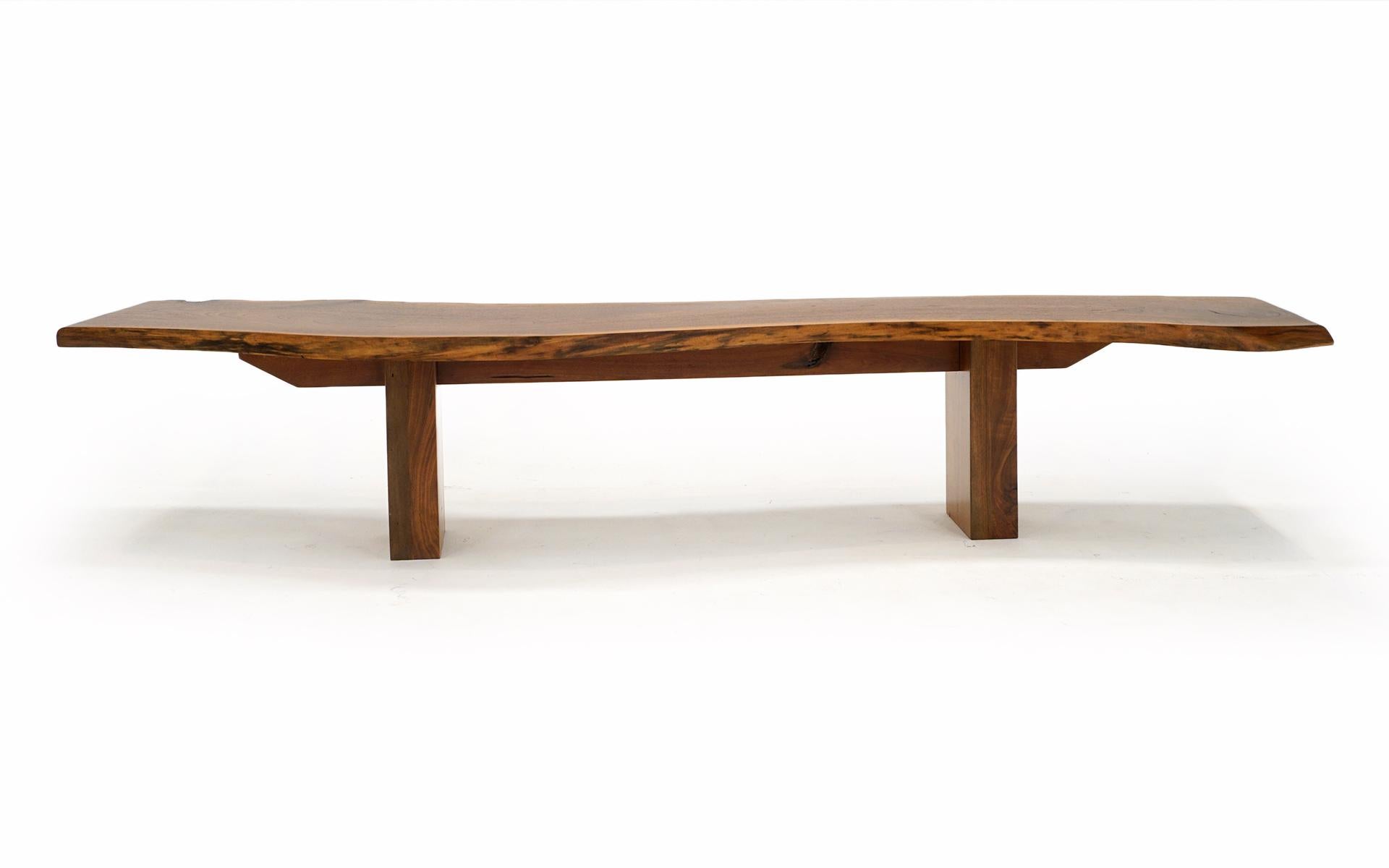 Steel Monumental Curved Bench / Coffee Table in Solid Live Edge Walnut, One of a Kind For Sale