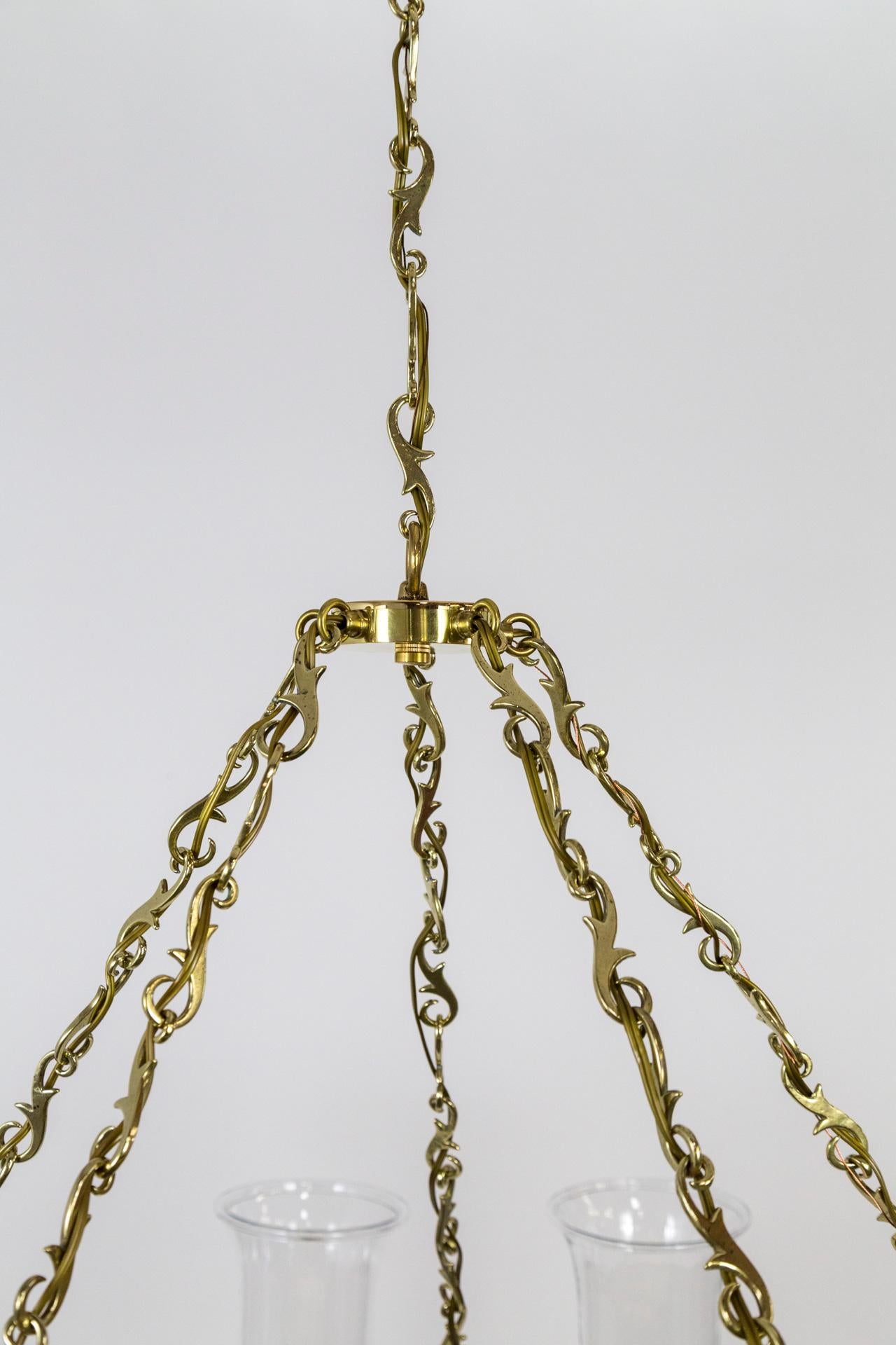 North American Monumental Custom 10-Light Brass Chandelier with Hurricane Shades