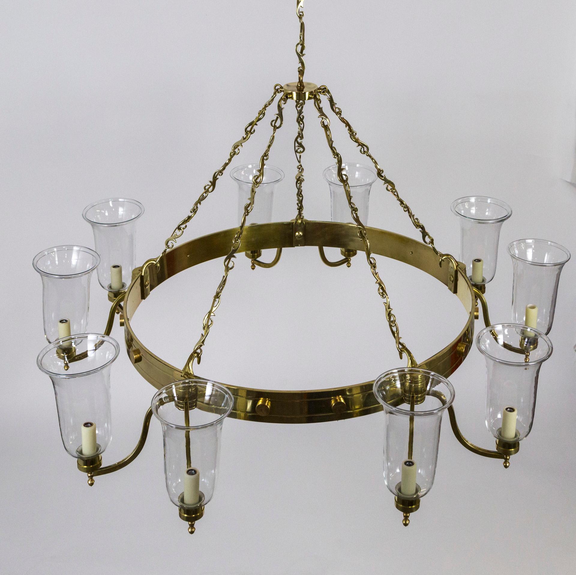 Monumental Custom 10-Light Brass Chandelier with Hurricane Shades 1