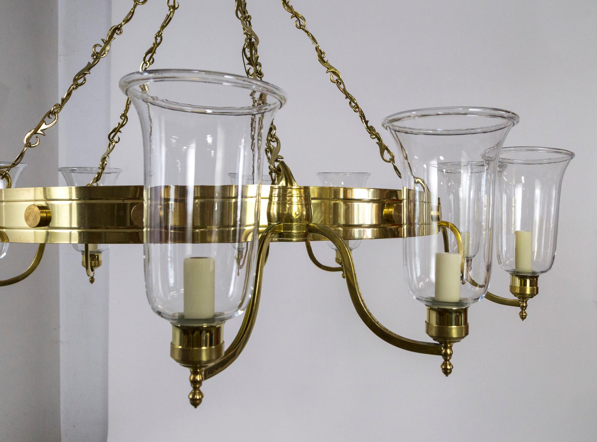 Monumental Custom 10-Light Brass Chandelier with Hurricane Shades 3