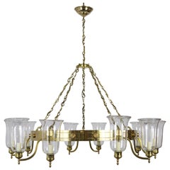 Monumental Custom 10-Light Brass Chandelier with Hurricane Shades