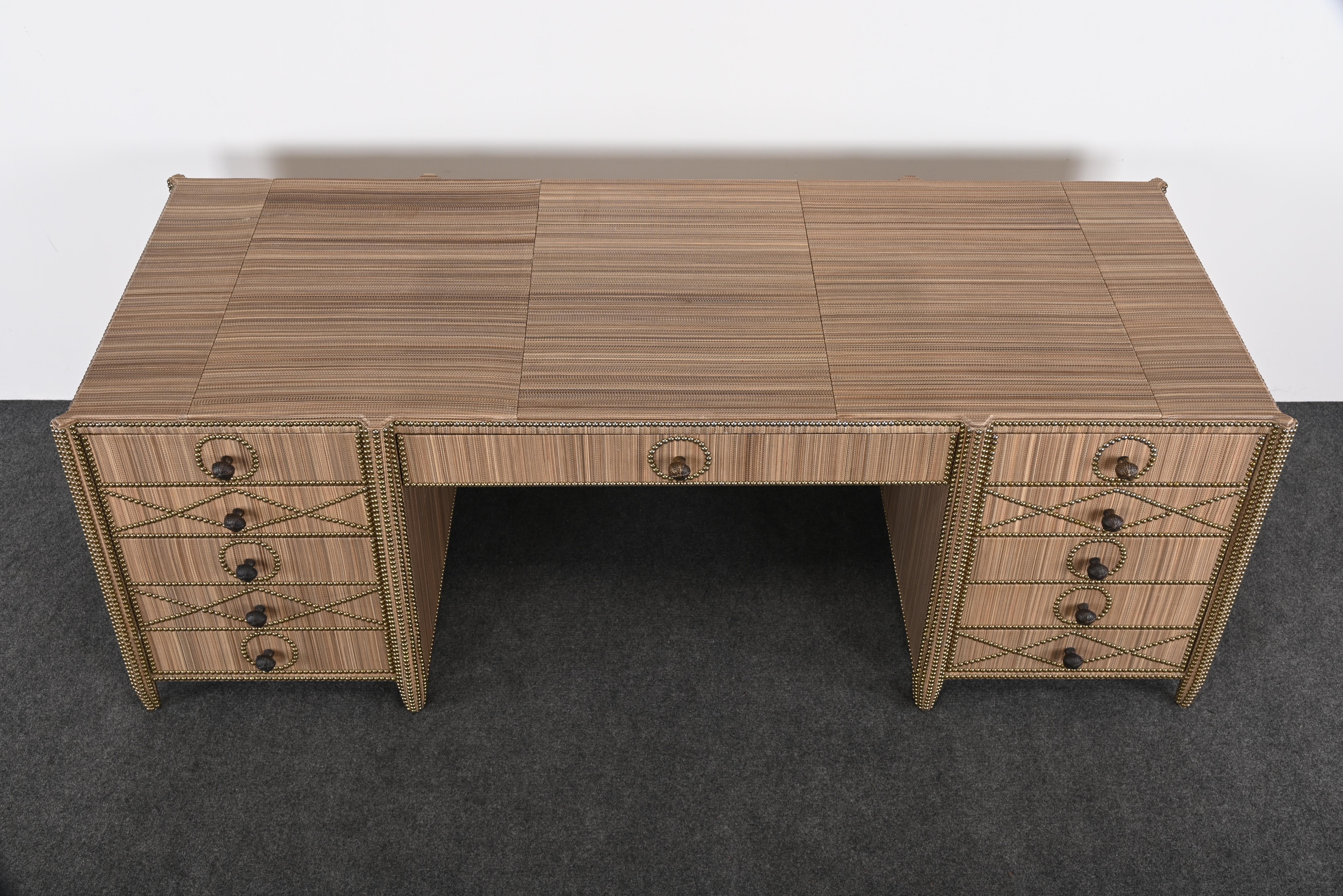An important monumental Executive Desk from the beauty mogul, Sydell Miller, Palm Beach home and collection. Most of the fine art and avant-garde furniture and sculpture was originally sold at Christie's in New York. This luxurious desk is from the