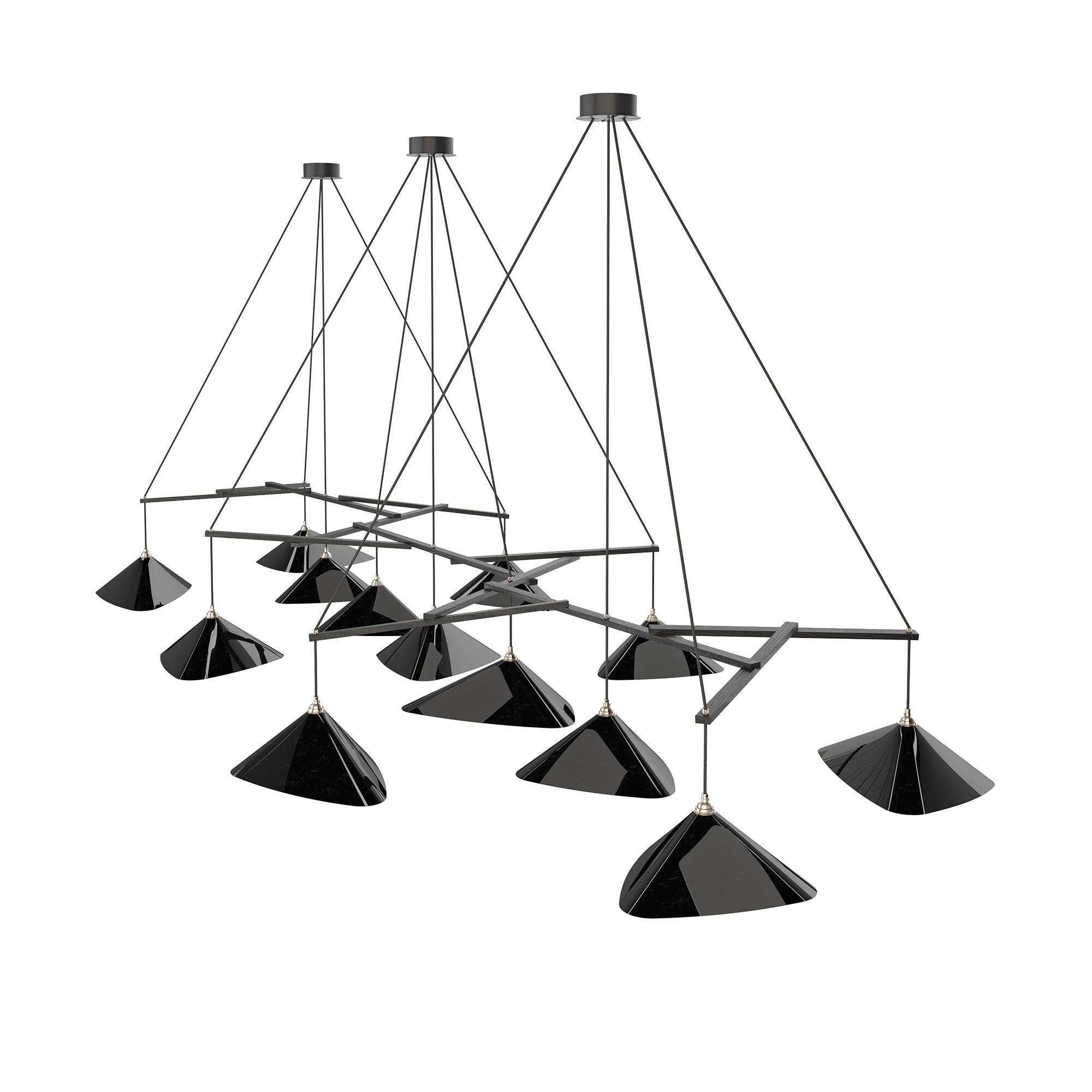 German Monumental Daniel Becker 'Emily 13' Chandelier in Glossy Black & Black Oak Frame For Sale