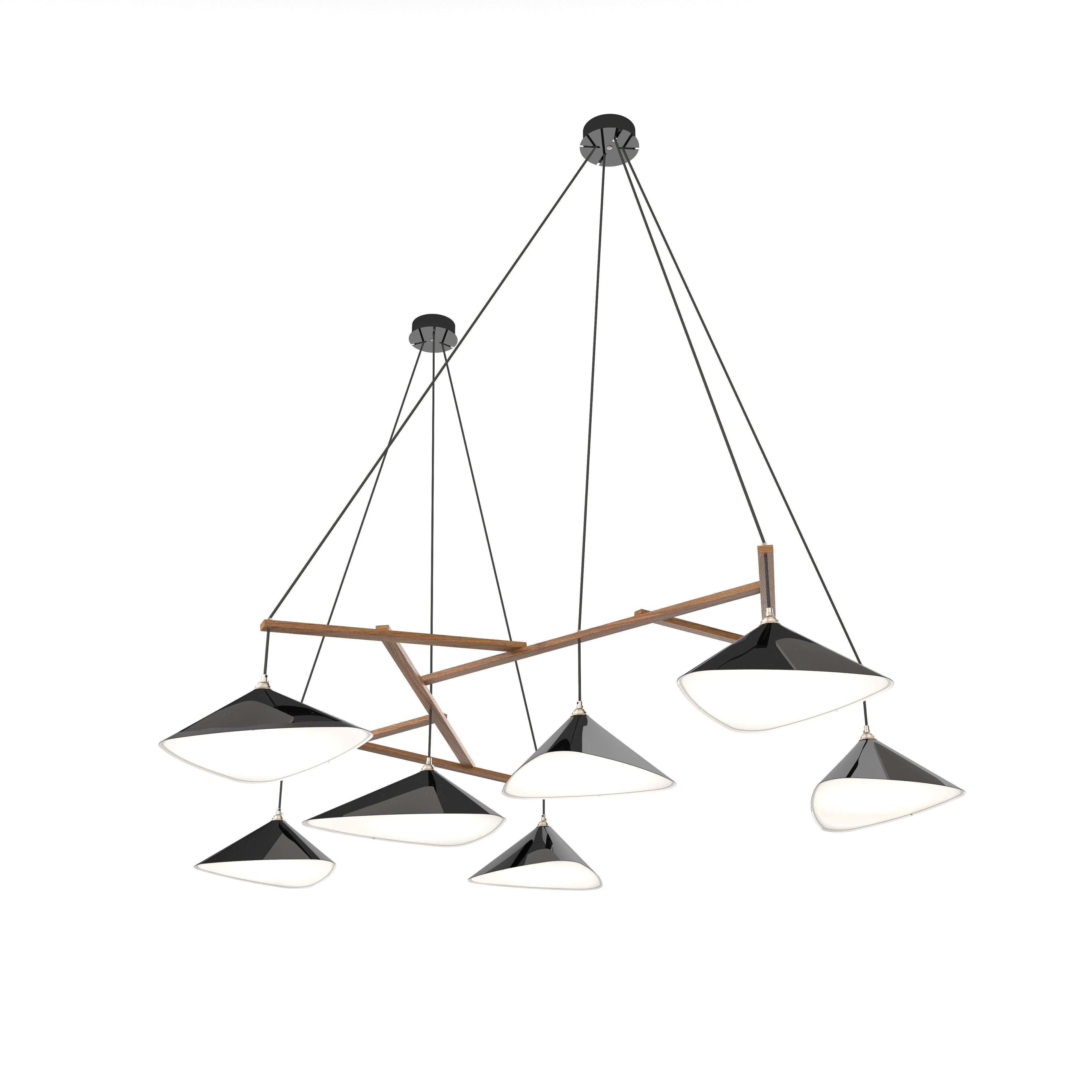 Monumental Daniel Becker Emily 7 Chandelier in Glossy Black/Oak for Moss Objects. Designed by Berlin luminary Daniel Becker and handmade to order using modern and mid-century manufacturing techniques, the Emily Series won the prestigious German