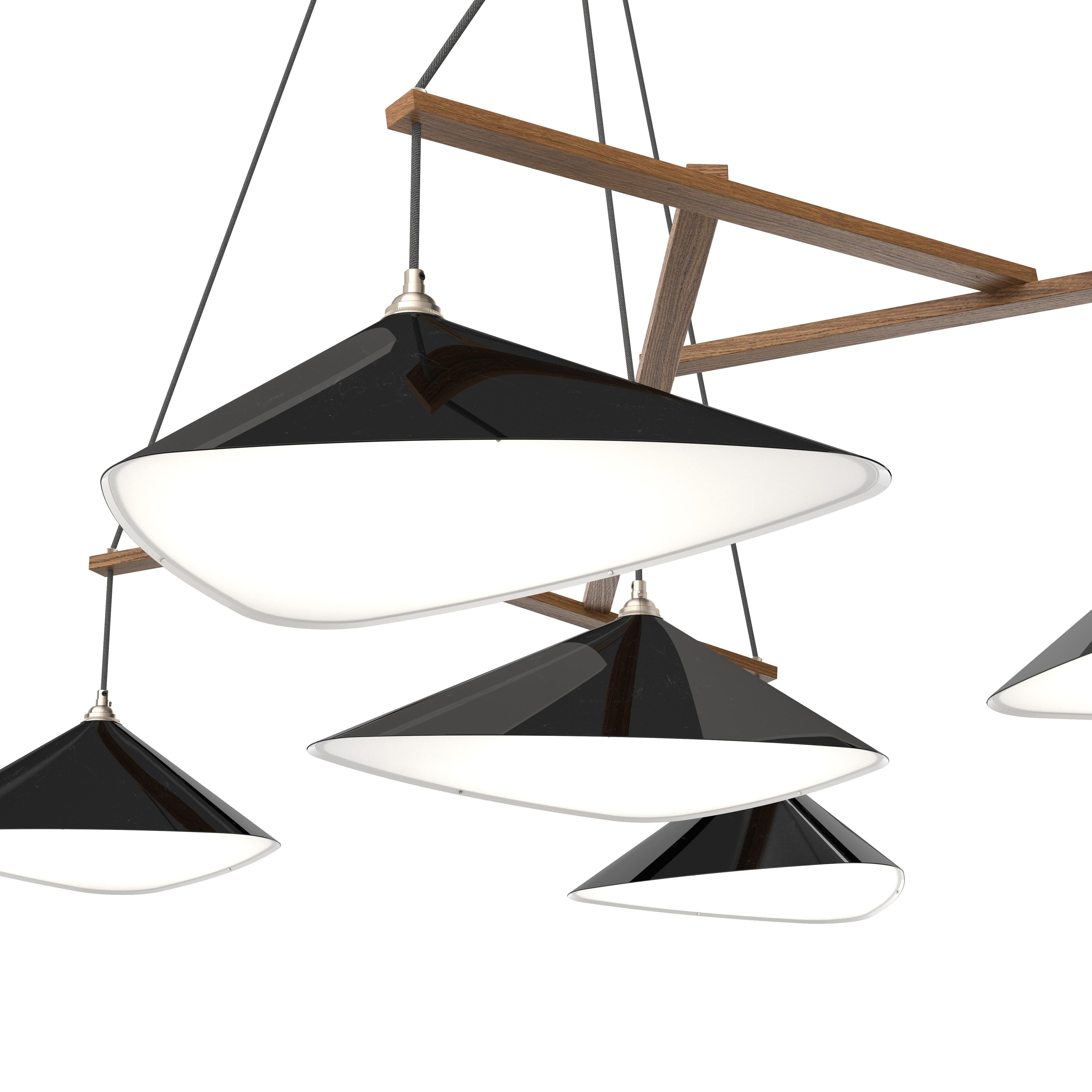 German Monumental Daniel Becker Emily 7 Chandelier in Glossy Black/Oak for Moss Objects For Sale