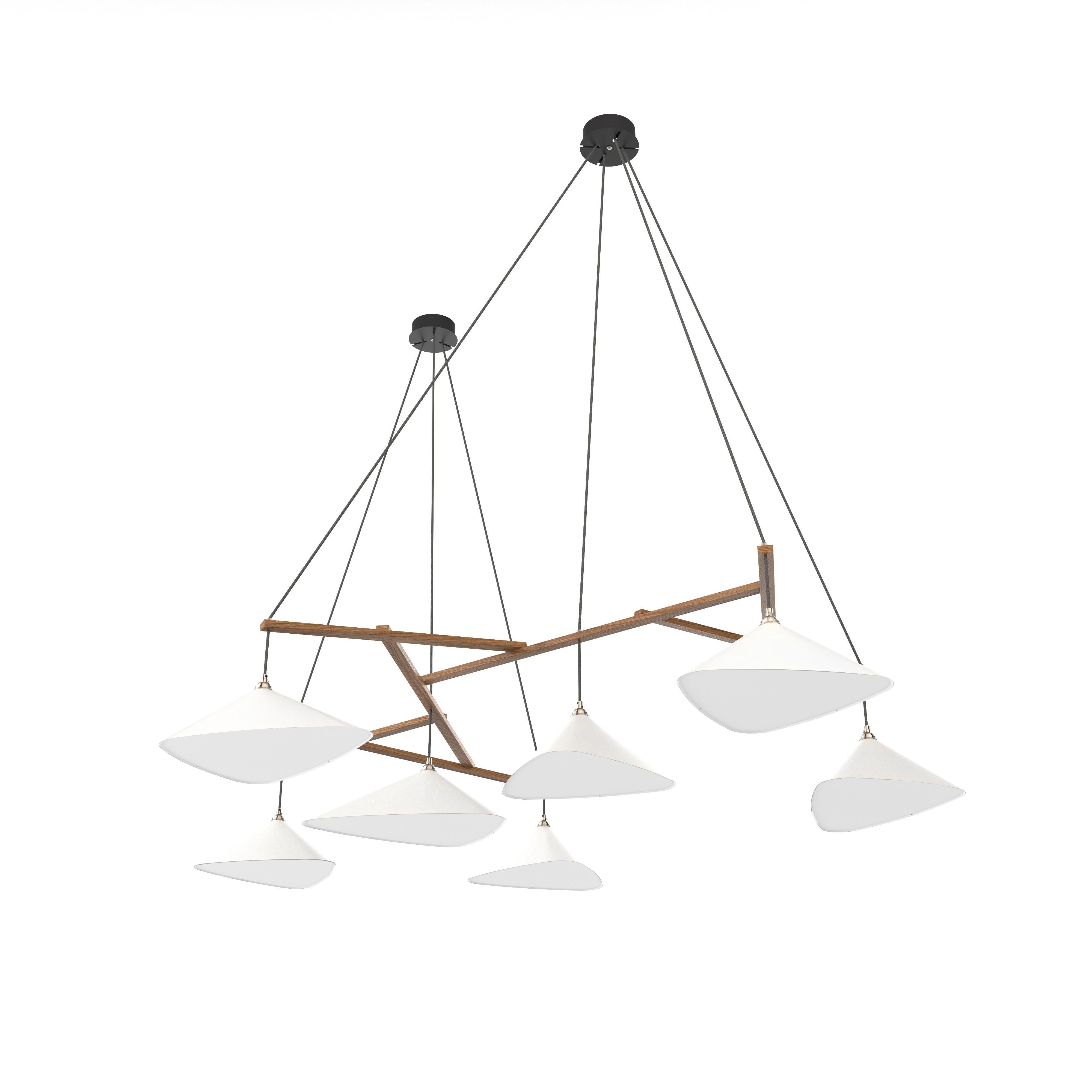 Monumental Daniel Becker 'Emily 7' Chandelier in White and Oak for Moss Objects. Designed by Berlin luminary Daniel Becker and handmade to order using modern and mid-century manufacturing techniques, the Emily Series won the prestigious German