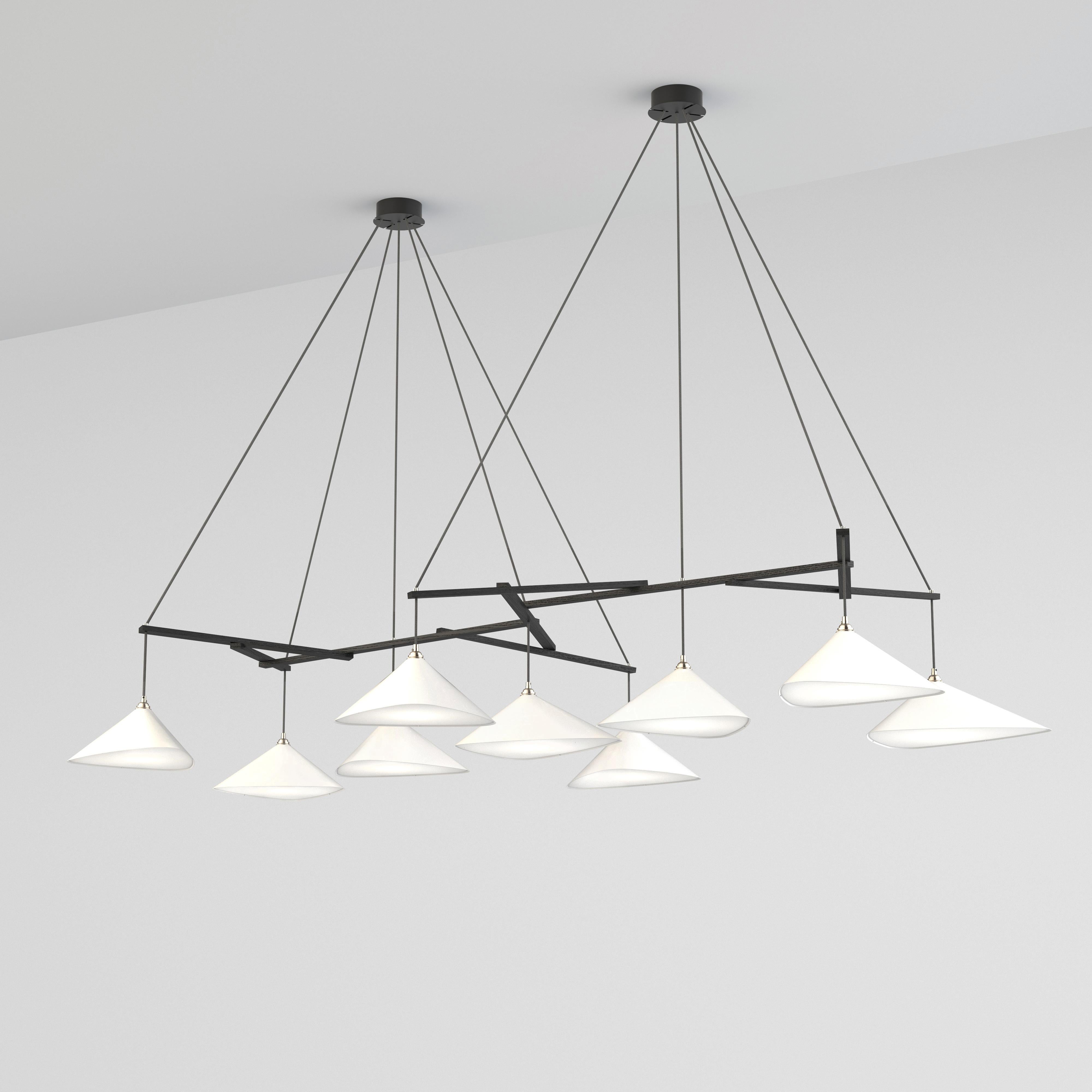 Monumental Daniel Becker 'Emily 9' Chandelier in Matte White for Moss Objects. Designed by Berlin luminary Daniel Becker and handmade to order using mid-century manufacturing techniques. Executed in high-quality sheet metal with matte white paint, a