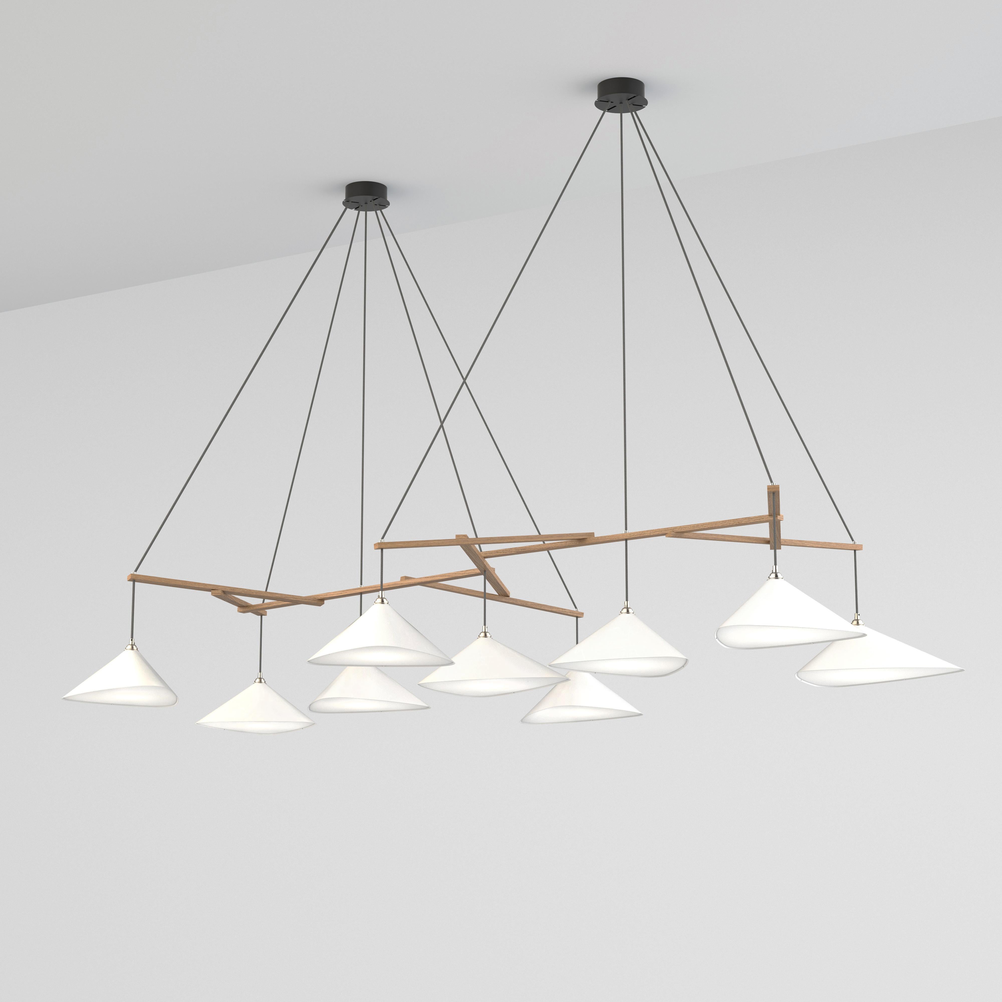 Monumental Daniel Becker Emily 9 Chandelier in Matte White/Oak for Moss Objects. Designed by Berlin luminary Daniel Becker and handmade to order using mid-century manufacturing techniques. Executed in high-quality sheet metal with matte white paint,