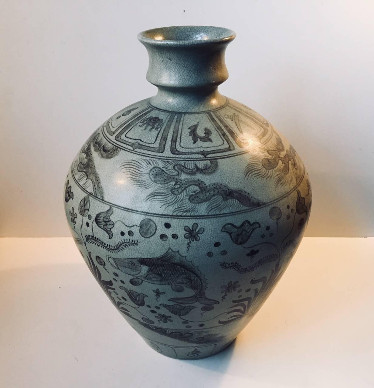 Hand-Painted Monumental Danish Art Deco Pottery Floor Vase, 1930s