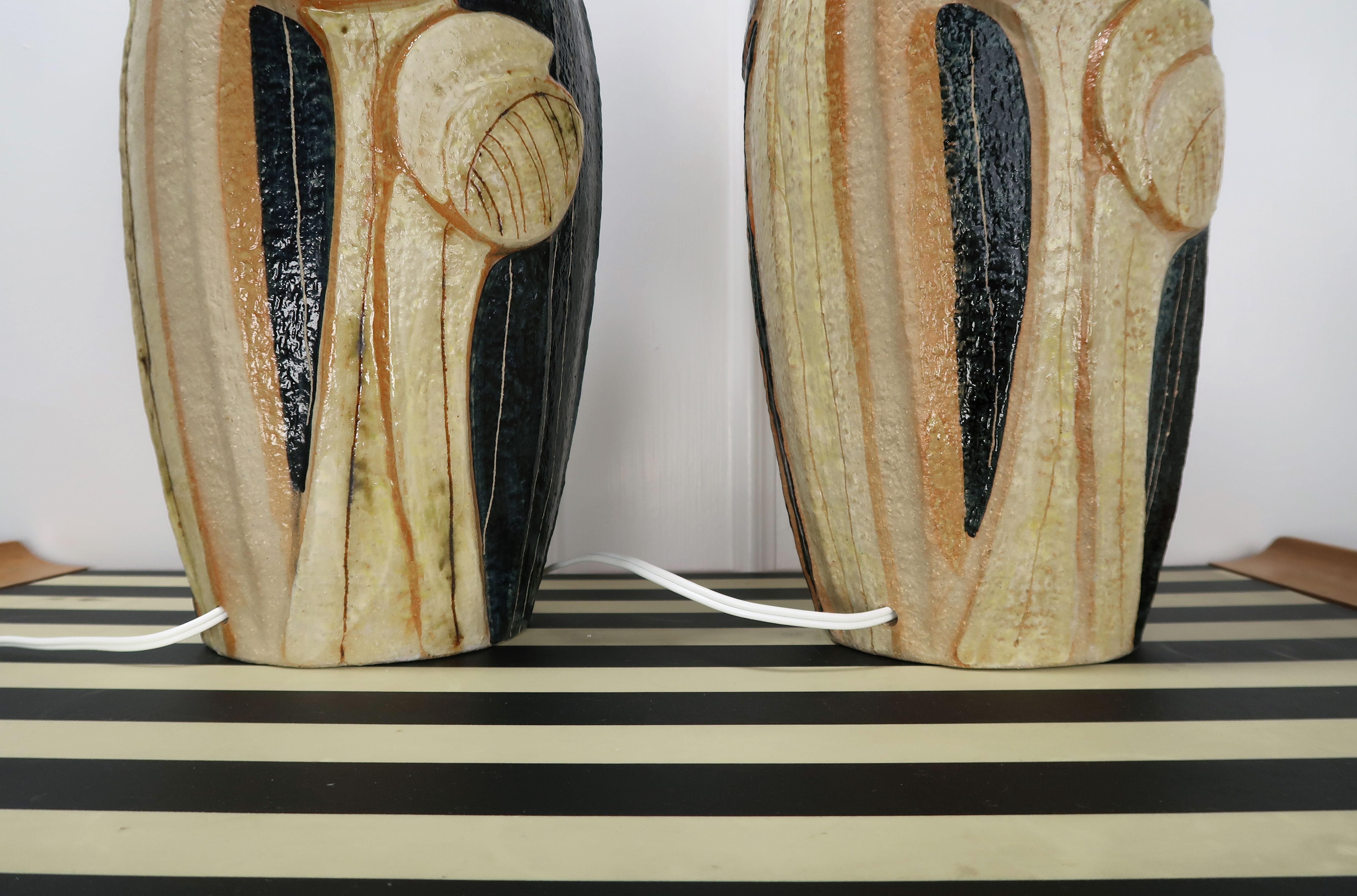 Ceramic Monumental Pair of Backhausen for Soholm Stoneware Black, Cream Lamps, 1980s