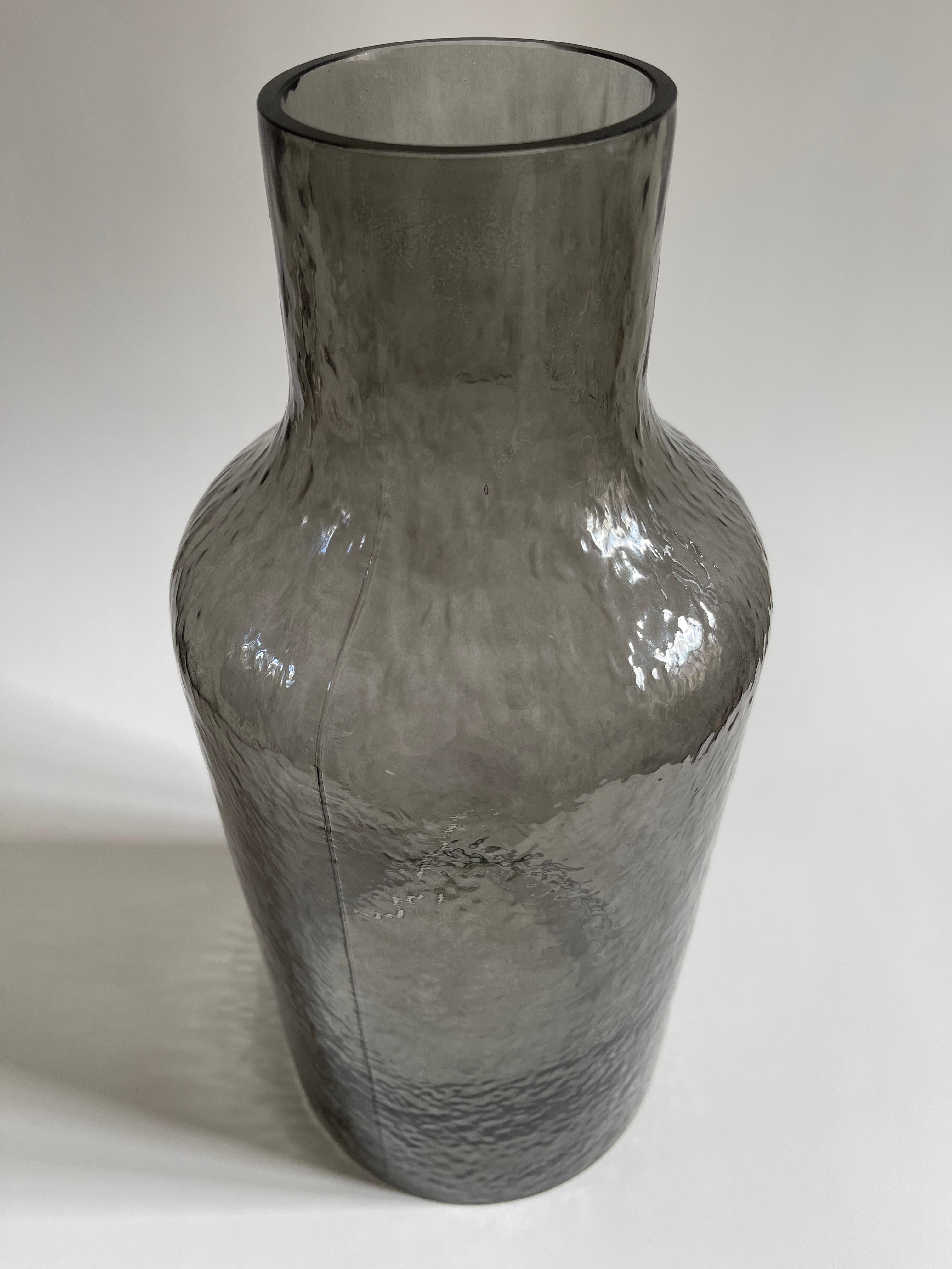 Scandinavian Modern Monumental Danish Modern Rippled Smoke Glass Bottle Vase For Sale