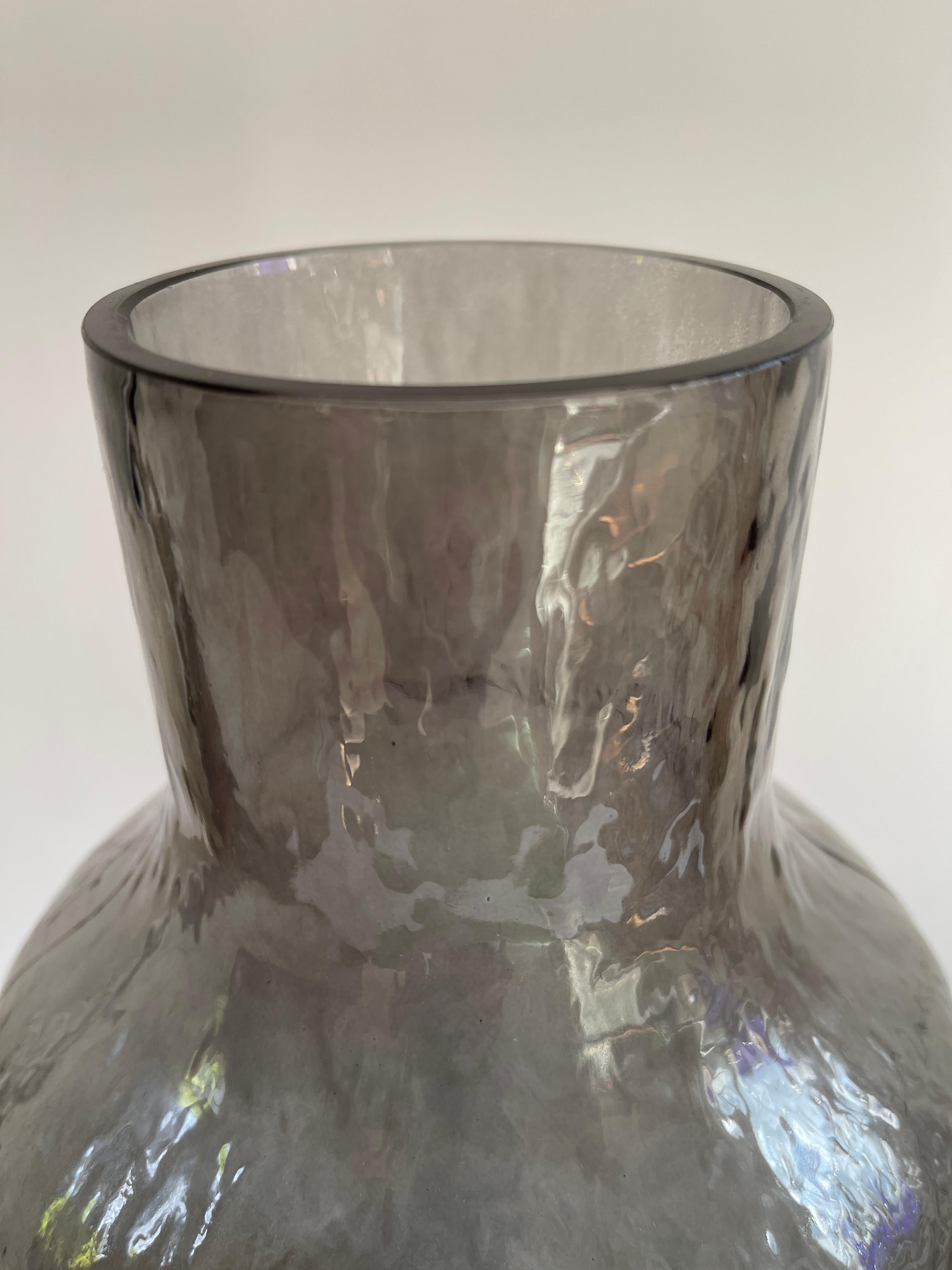 Molded Monumental Danish Modern Rippled Smoke Glass Bottle Vase For Sale