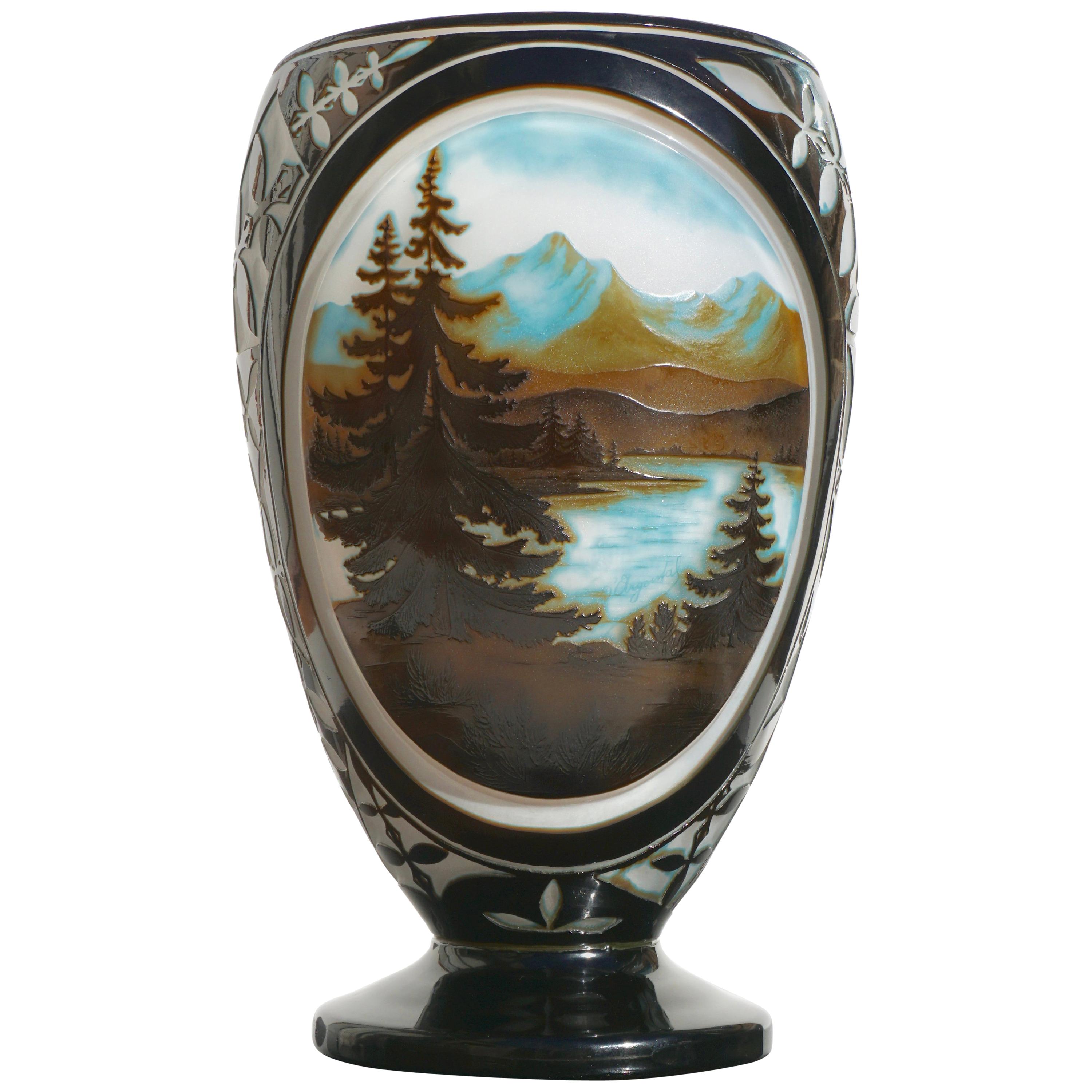 Monumentale D'Argental-Vase mit Kamee-Landschaftslandschaft von Paul Nicolas