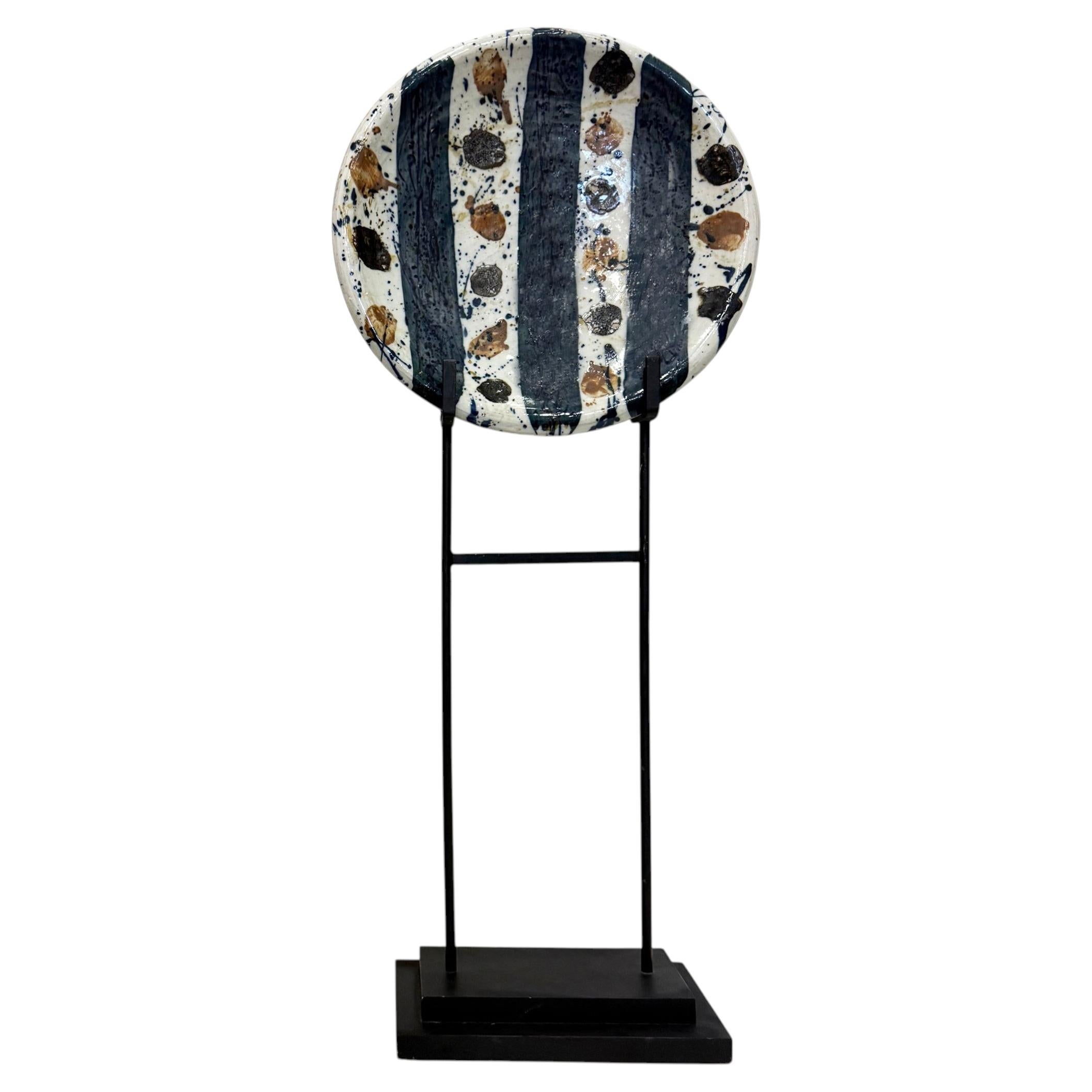 Monumental Decorative Studio Pottery Charger on Iron Stand by Josef Zala, 1987 For Sale