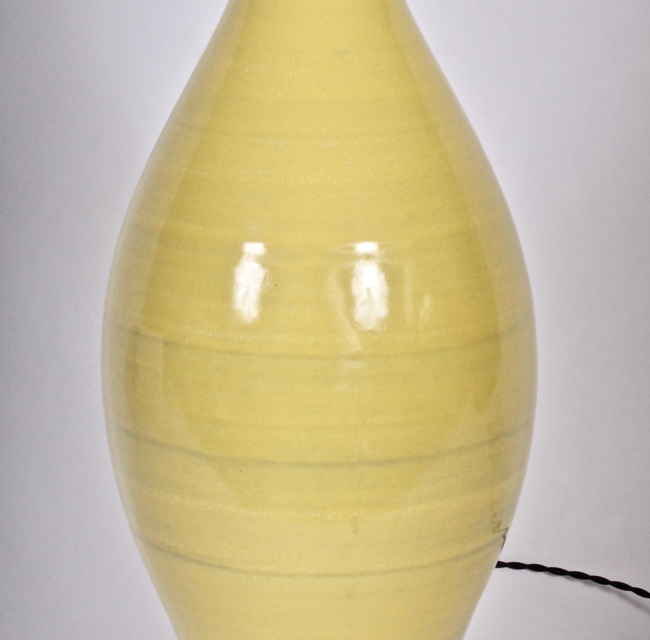 Glazed Monumental Design-Technics Bright Yellow Banded Art Pottery Table Lamp For Sale