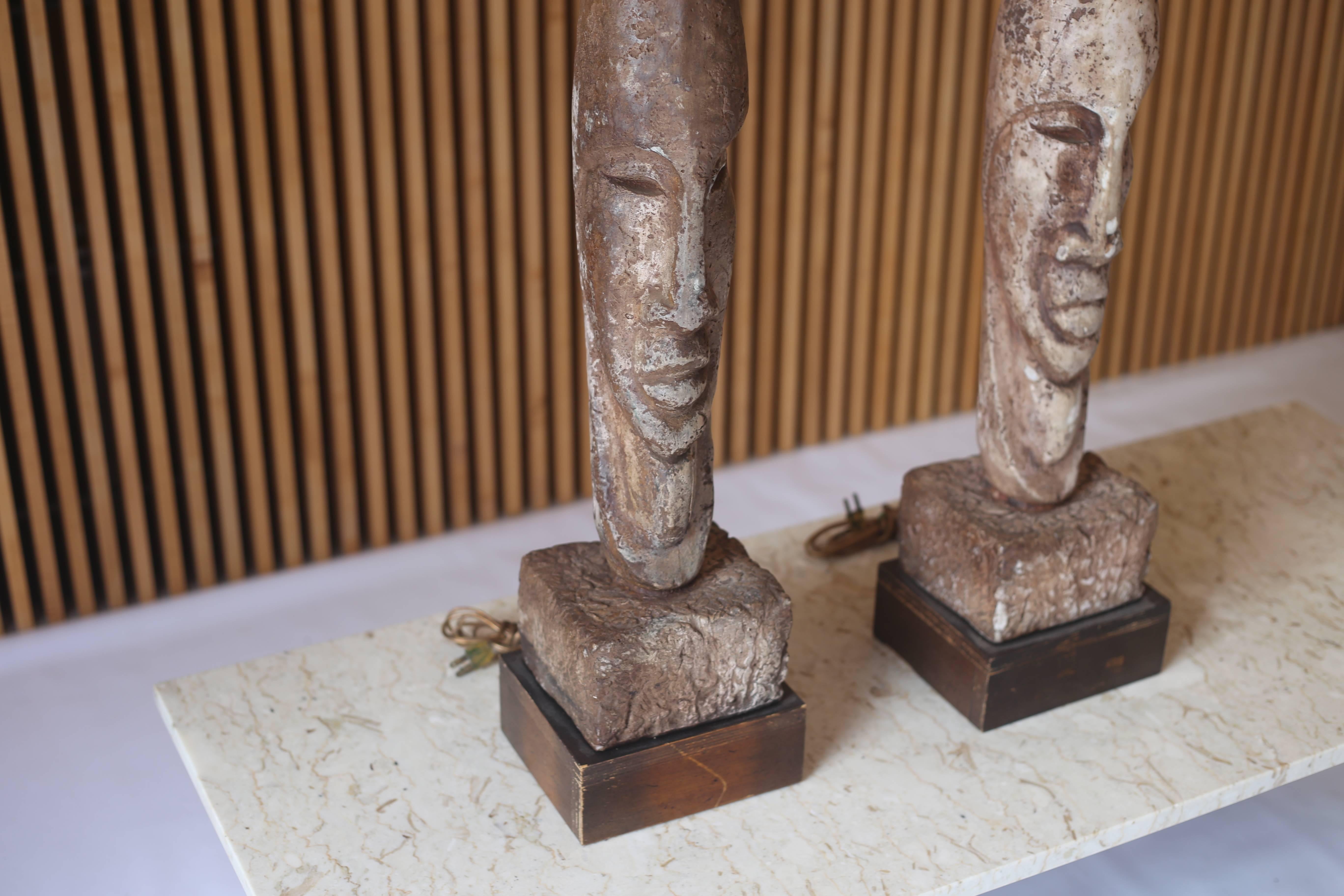 American Monumental Designer Tiki / African Tribal Figural Lamps, Pair