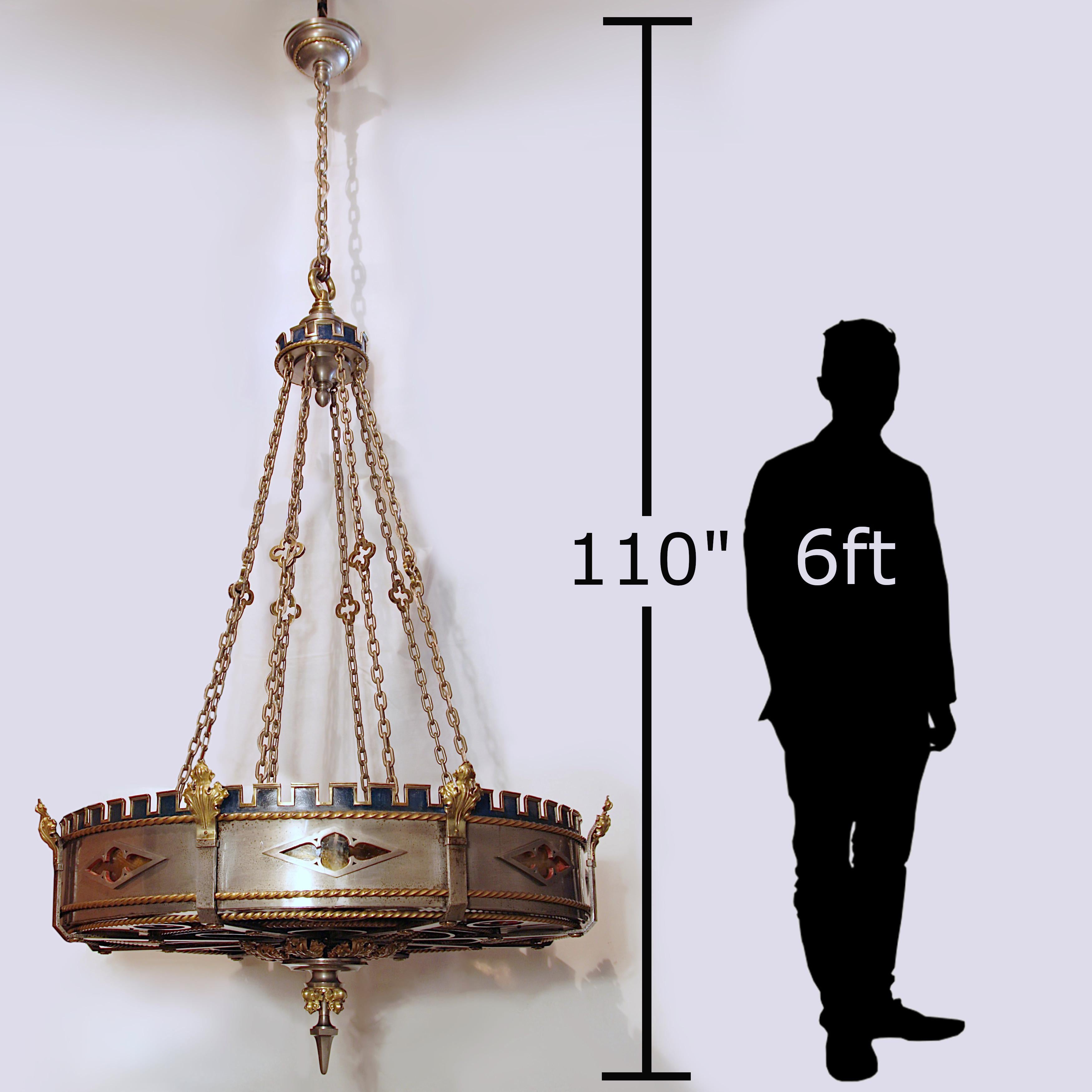 Monumental Detroit Gothic Medieval Renaissance Revival Brass & Steel Chandelier 12