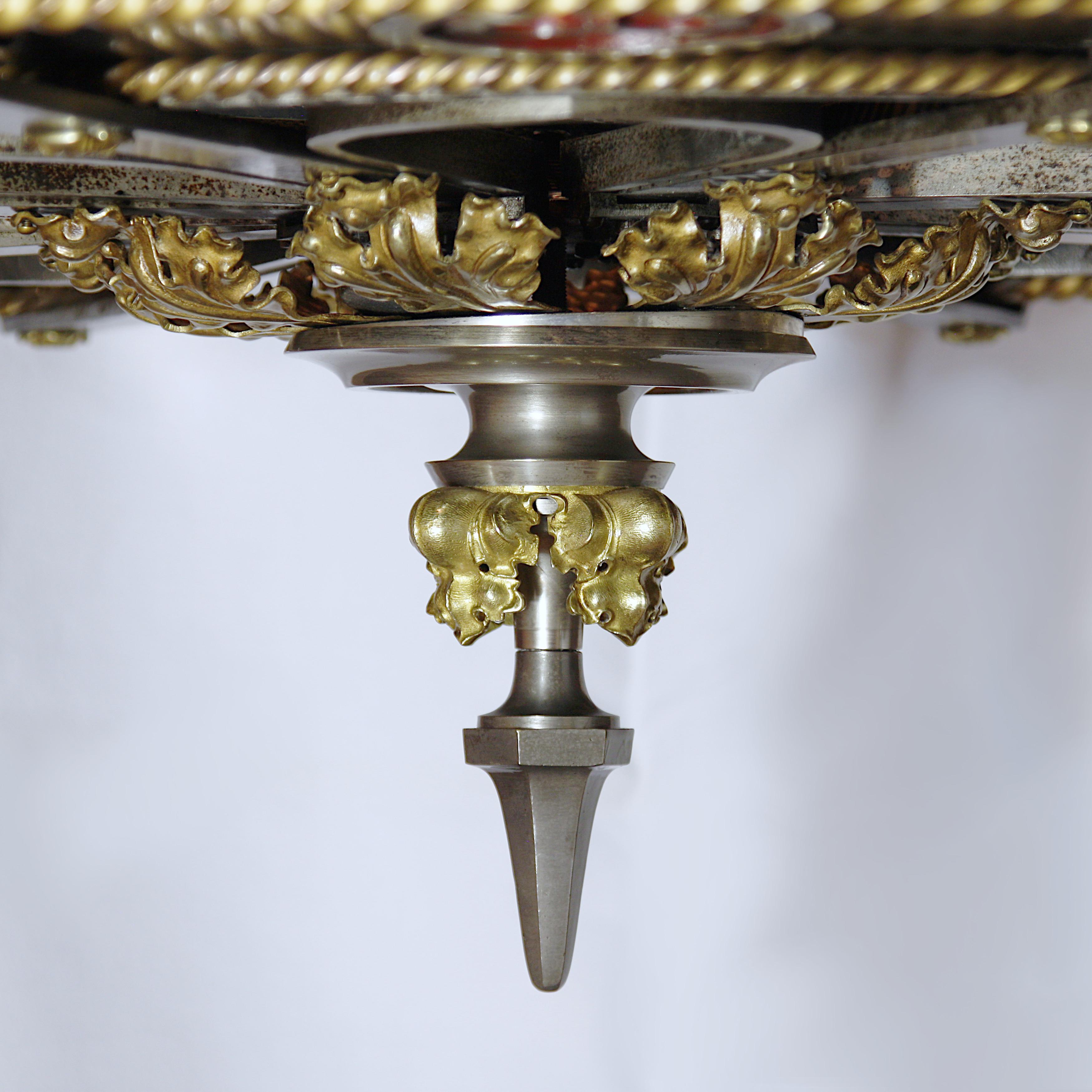 20th Century Monumental Detroit Gothic Medieval Renaissance Revival Brass & Steel Chandelier