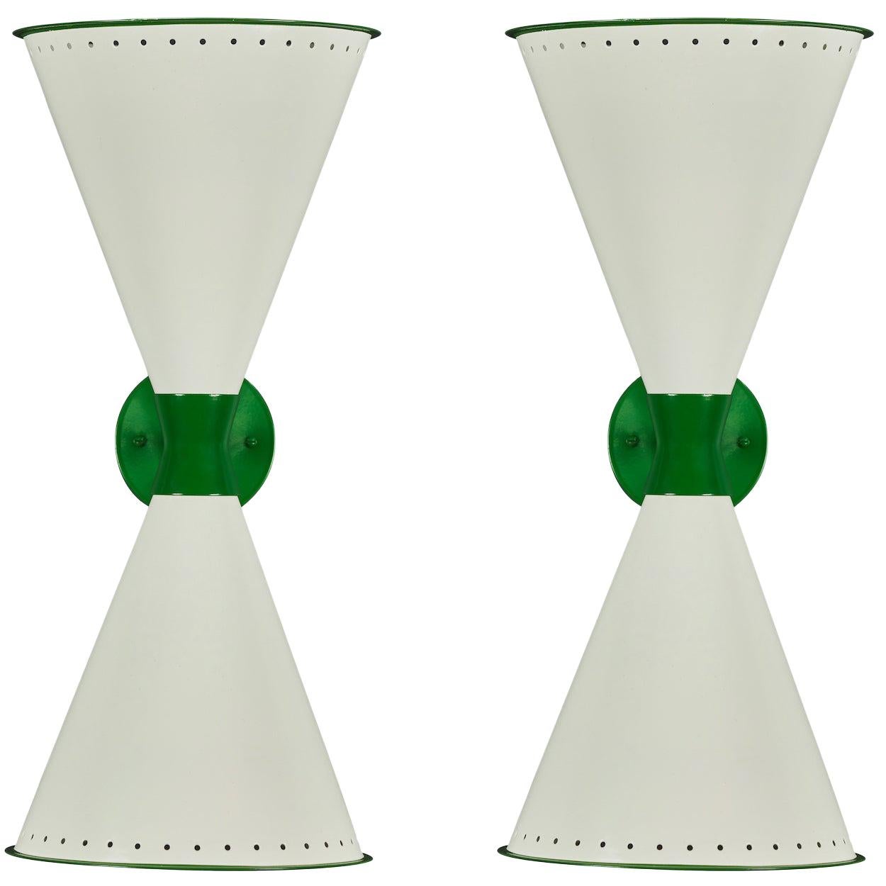 Monumental 'Diabolo' perforated double-cone sconce in white and green. Handcrafted in Los Angeles with scrupulous attention to detail and materials. Executed in high quality lacquered metal perforated shades, this ultra-refined design adds a