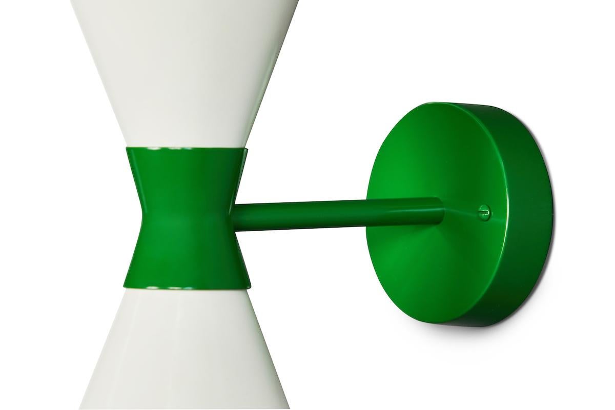 American Monumental 'Diabolo' Perforated Double-Cone Sconce in White and Green For Sale