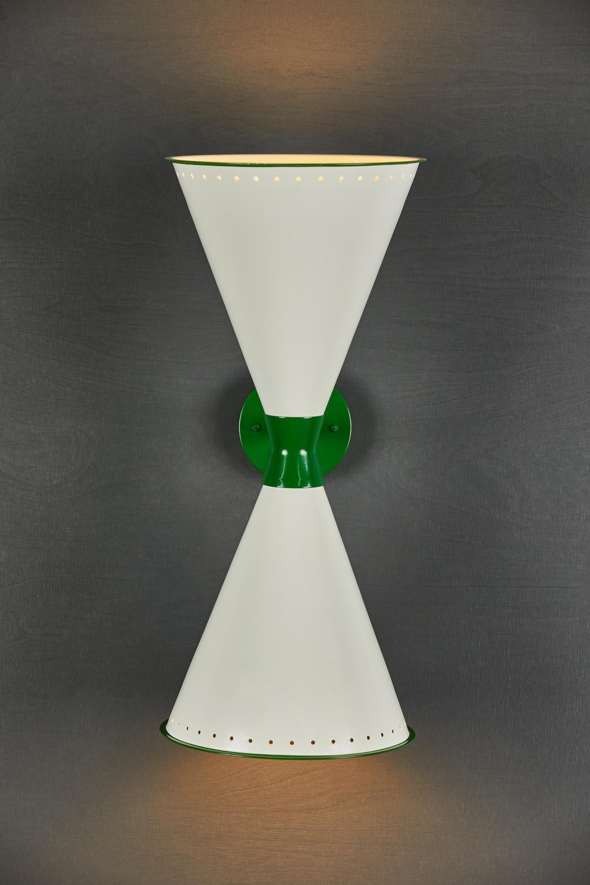 Monumental 'Diabolo' Perforated Double-Cone Sconce in White and Green In New Condition For Sale In Glendale, CA