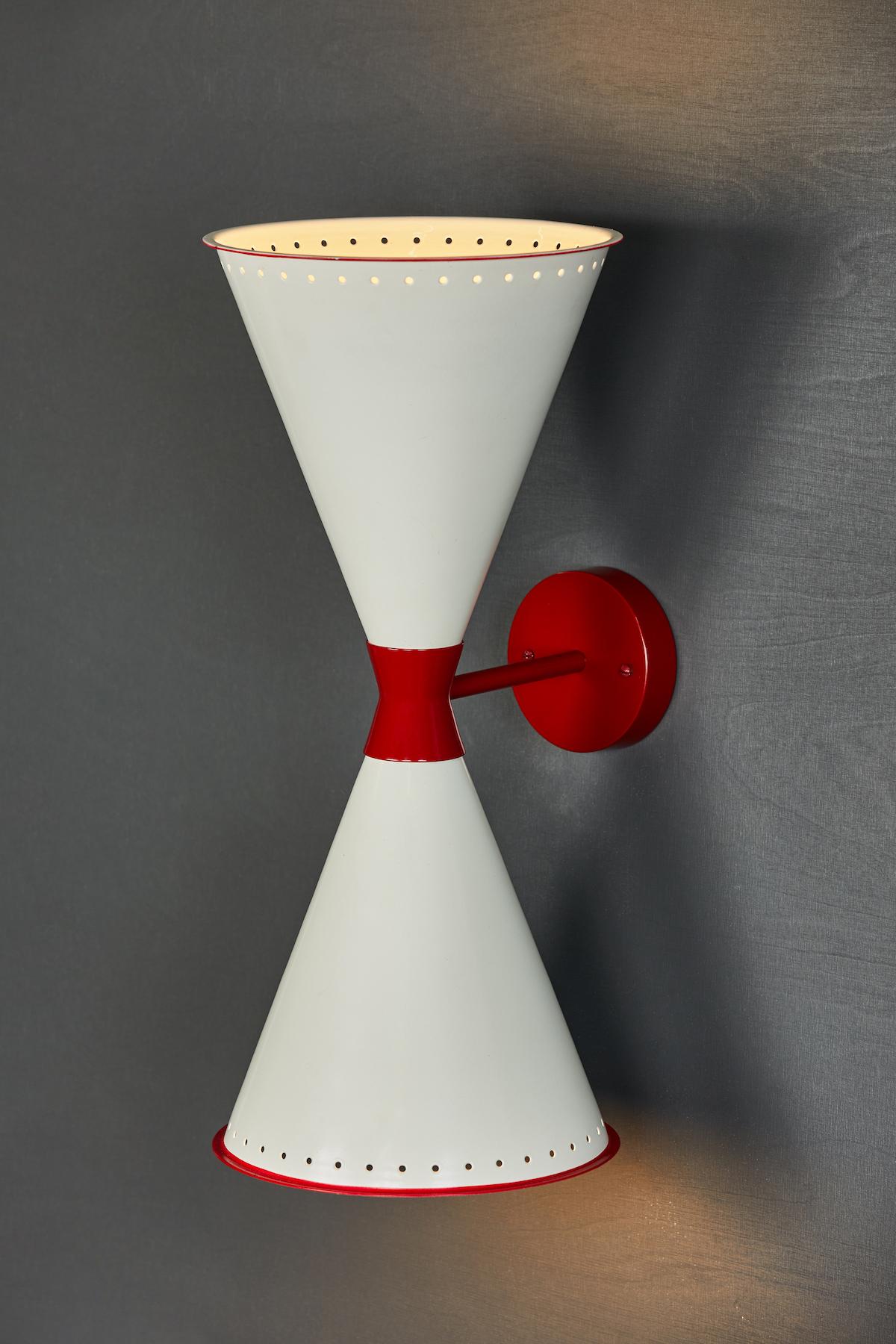 American Monumental 'Diabolo' Perforated Double-Cone Sconce in White and Red For Sale