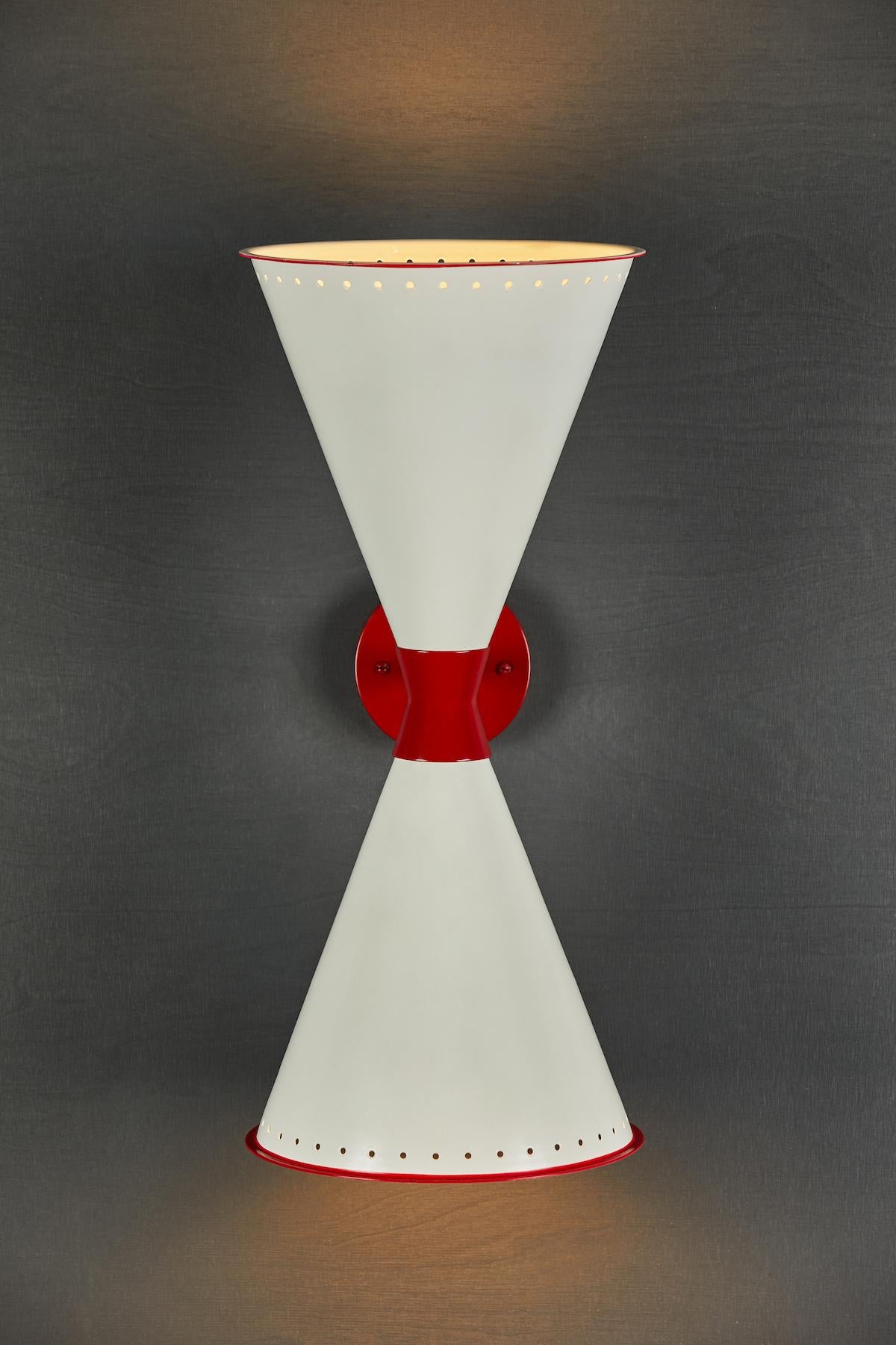 Powder-Coated Monumental 'Diabolo' Perforated Double-Cone Sconce in White and Red For Sale
