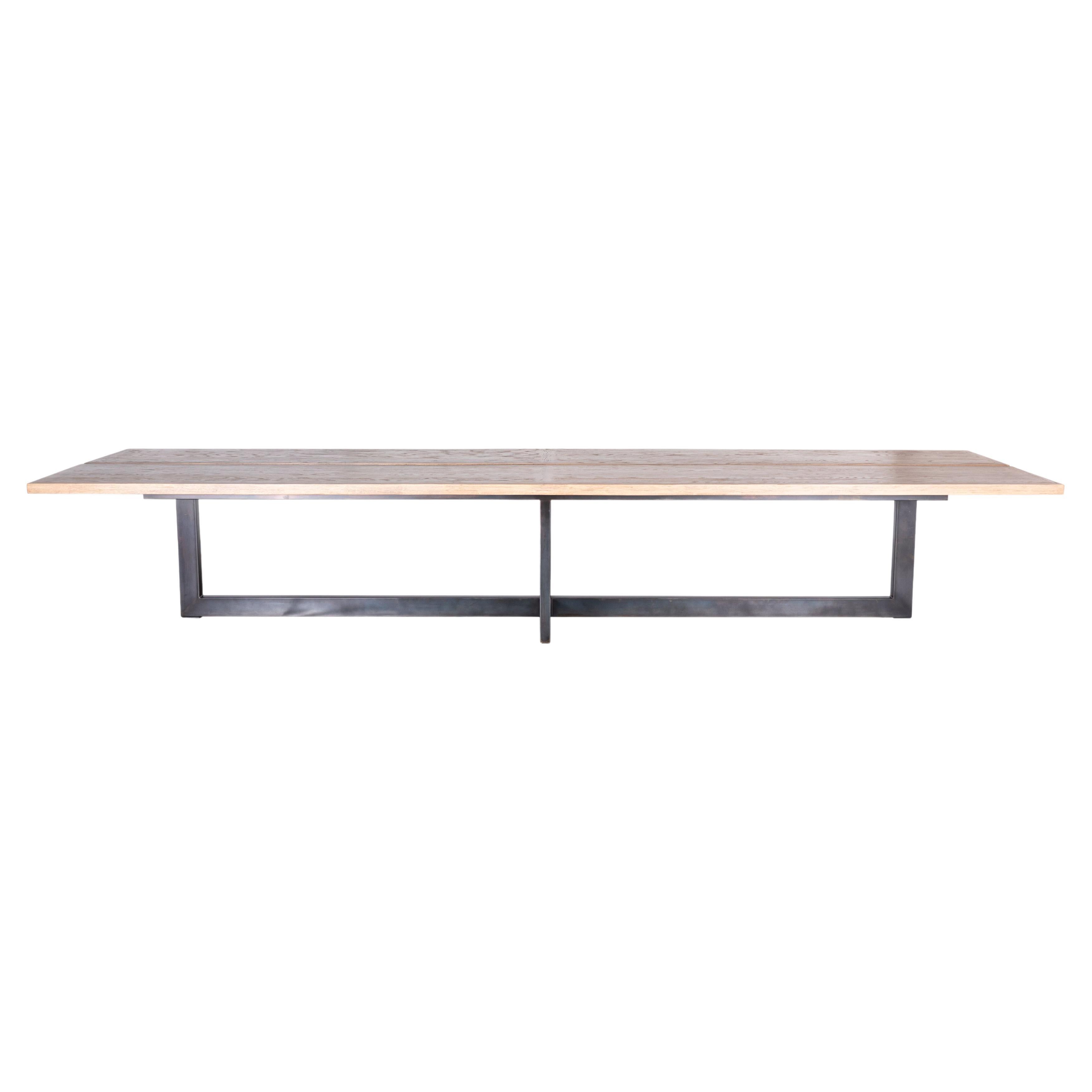 Monumental Dining Table in Bleached Natural Finish Top and Blackened Steel Base For Sale