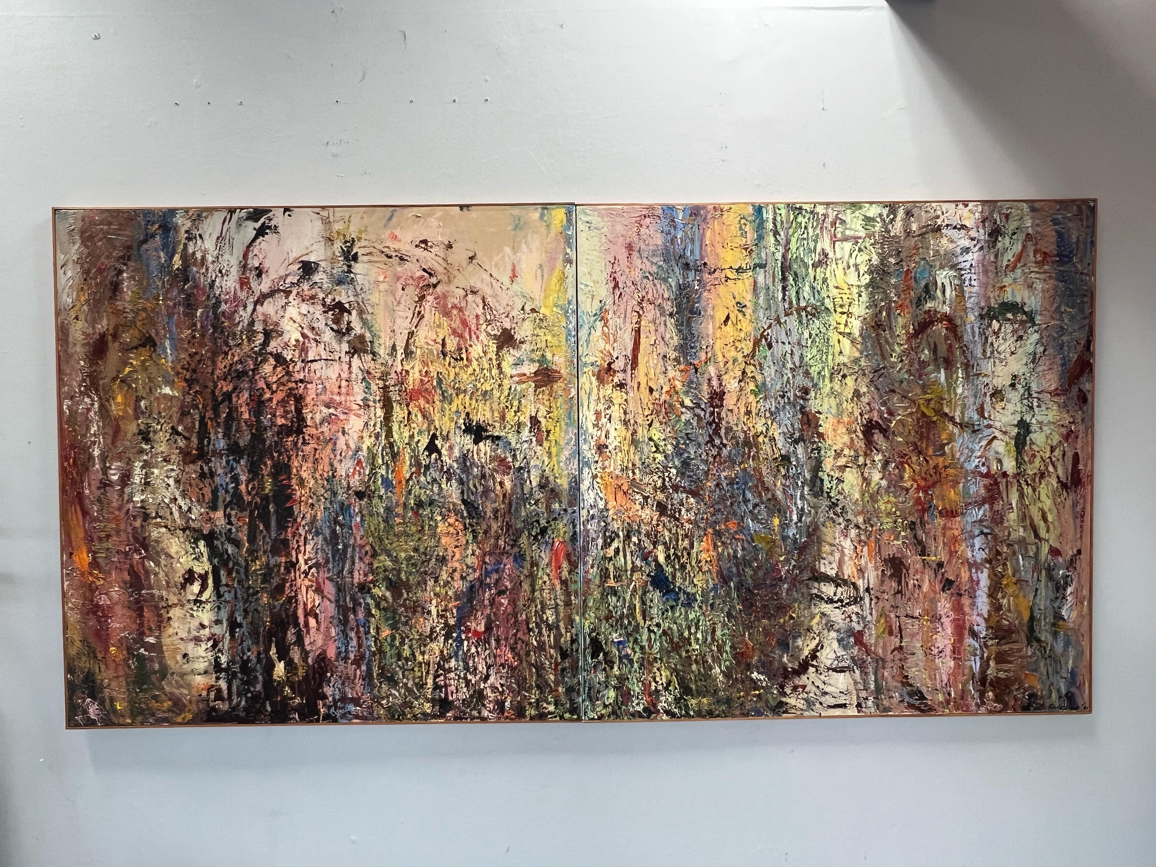 A monumental diptych oil on canvas. Done in the abstract expressionist style with bold apparently spontaneous strokes conveying a sense of universal humanity. 