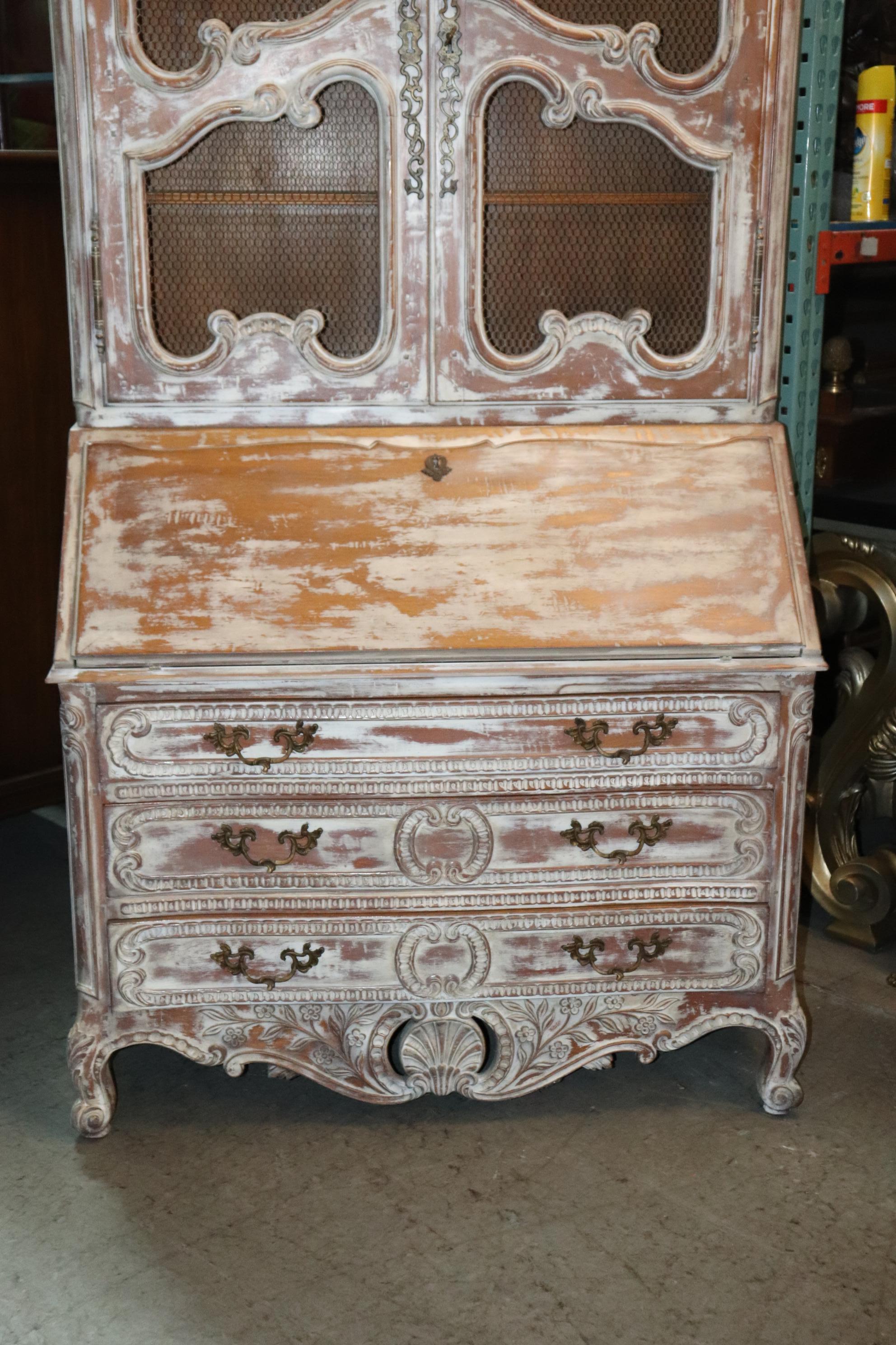 Monumental Distressed White Paint Decorated French Provincial Secretary Desk In Good Condition In Swedesboro, NJ