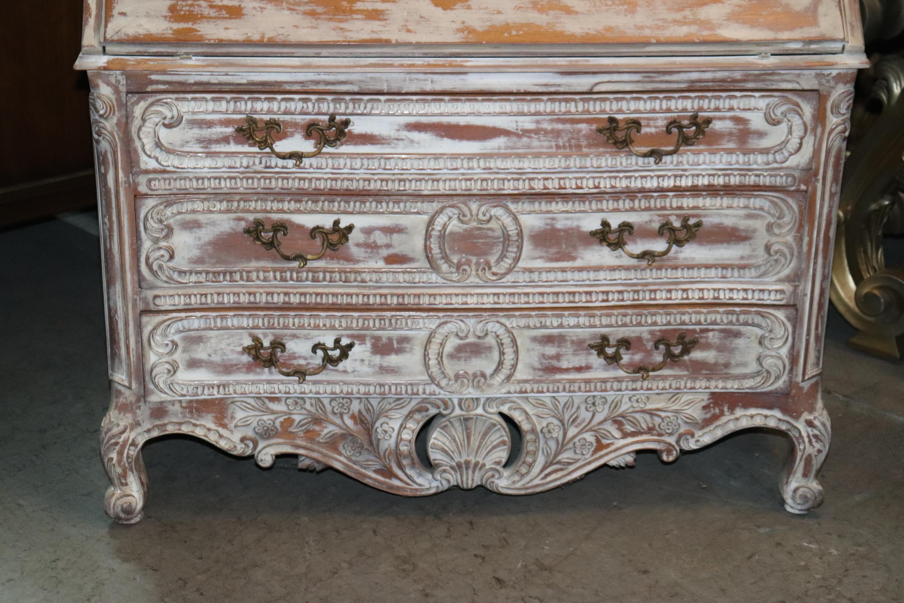 Mid-20th Century Monumental Distressed White Paint Decorated French Provincial Secretary Desk