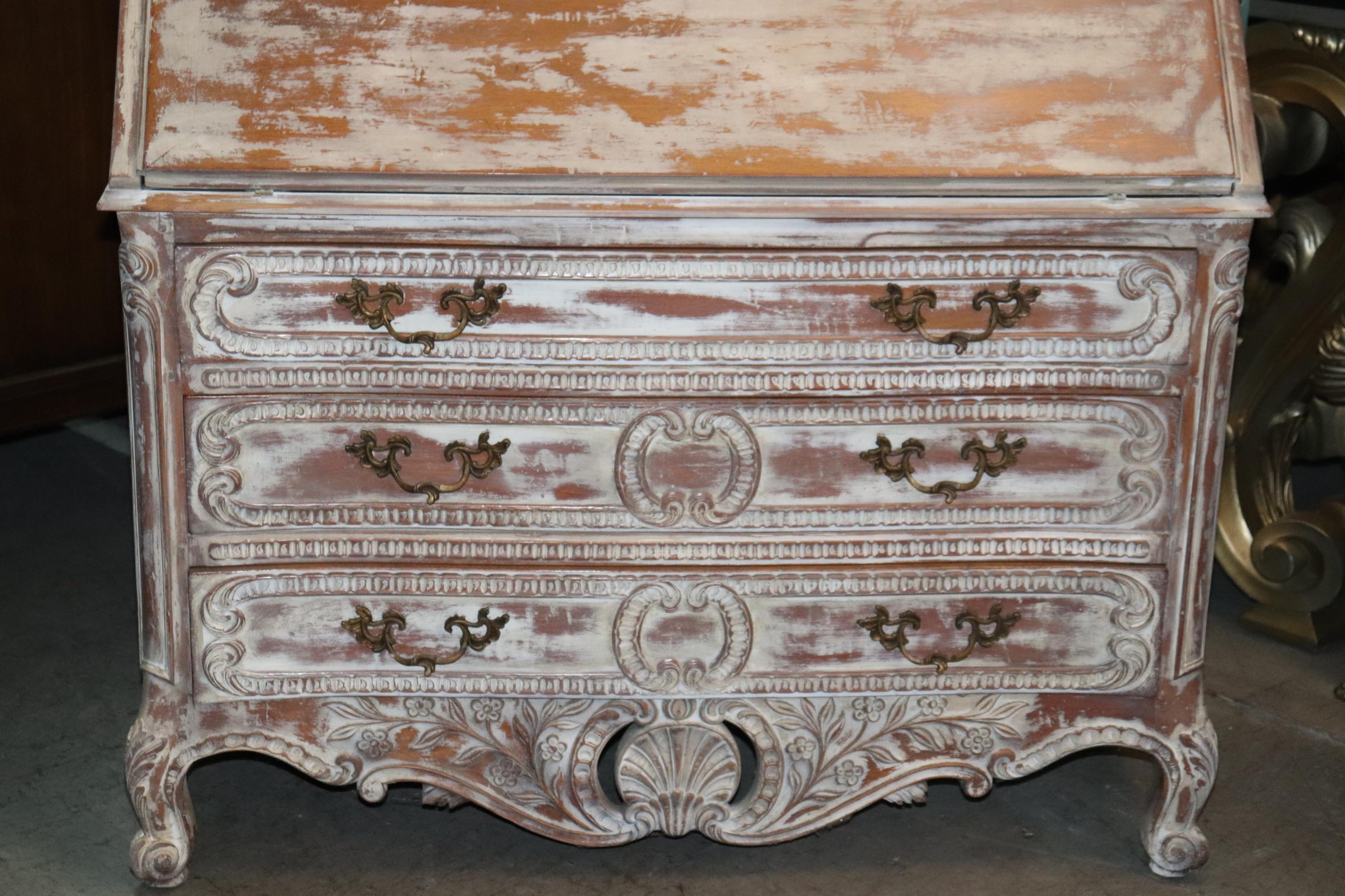 Leather Monumental Distressed White Paint Decorated French Provincial Secretary Desk