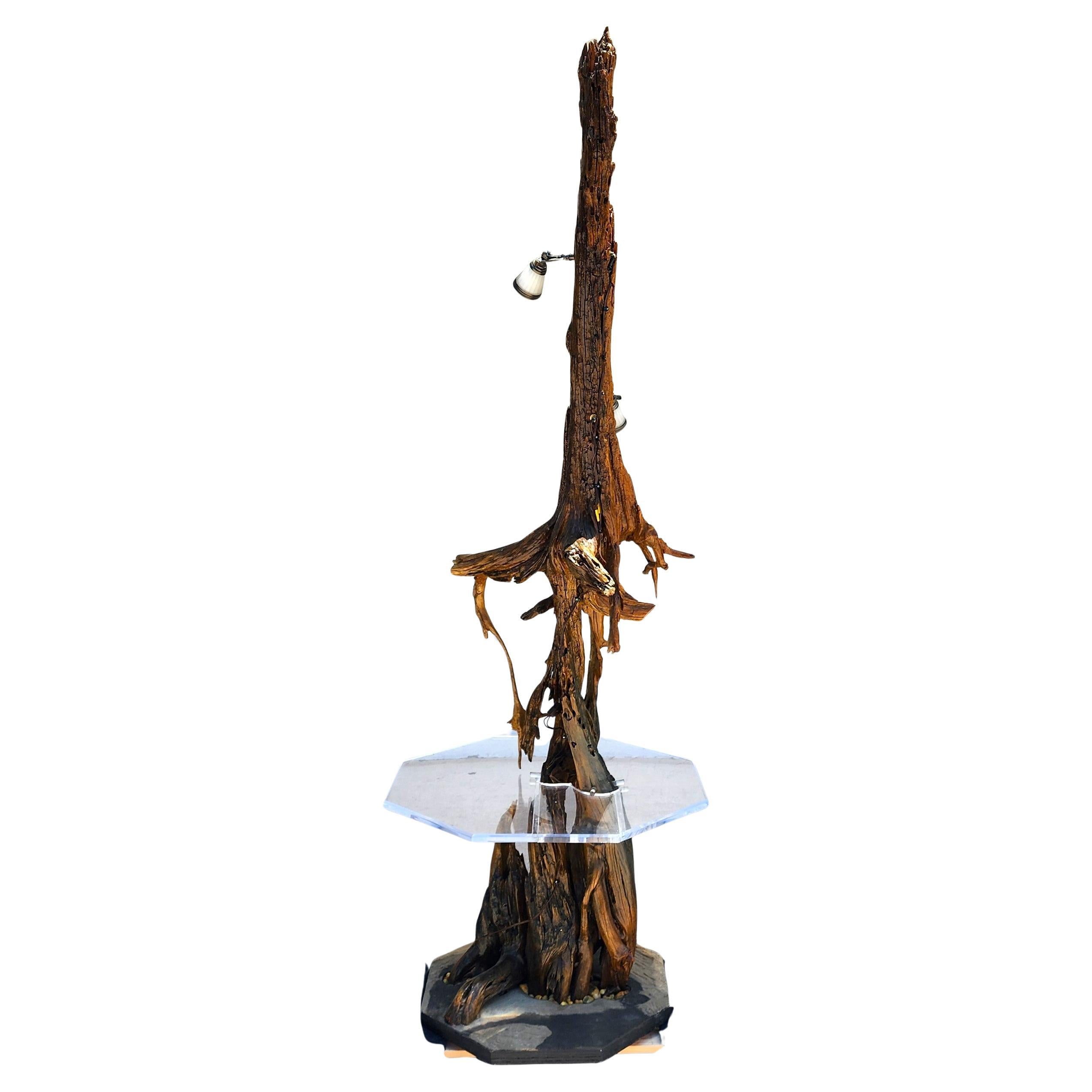 Monumental Driftwood Floor Lamp with Table