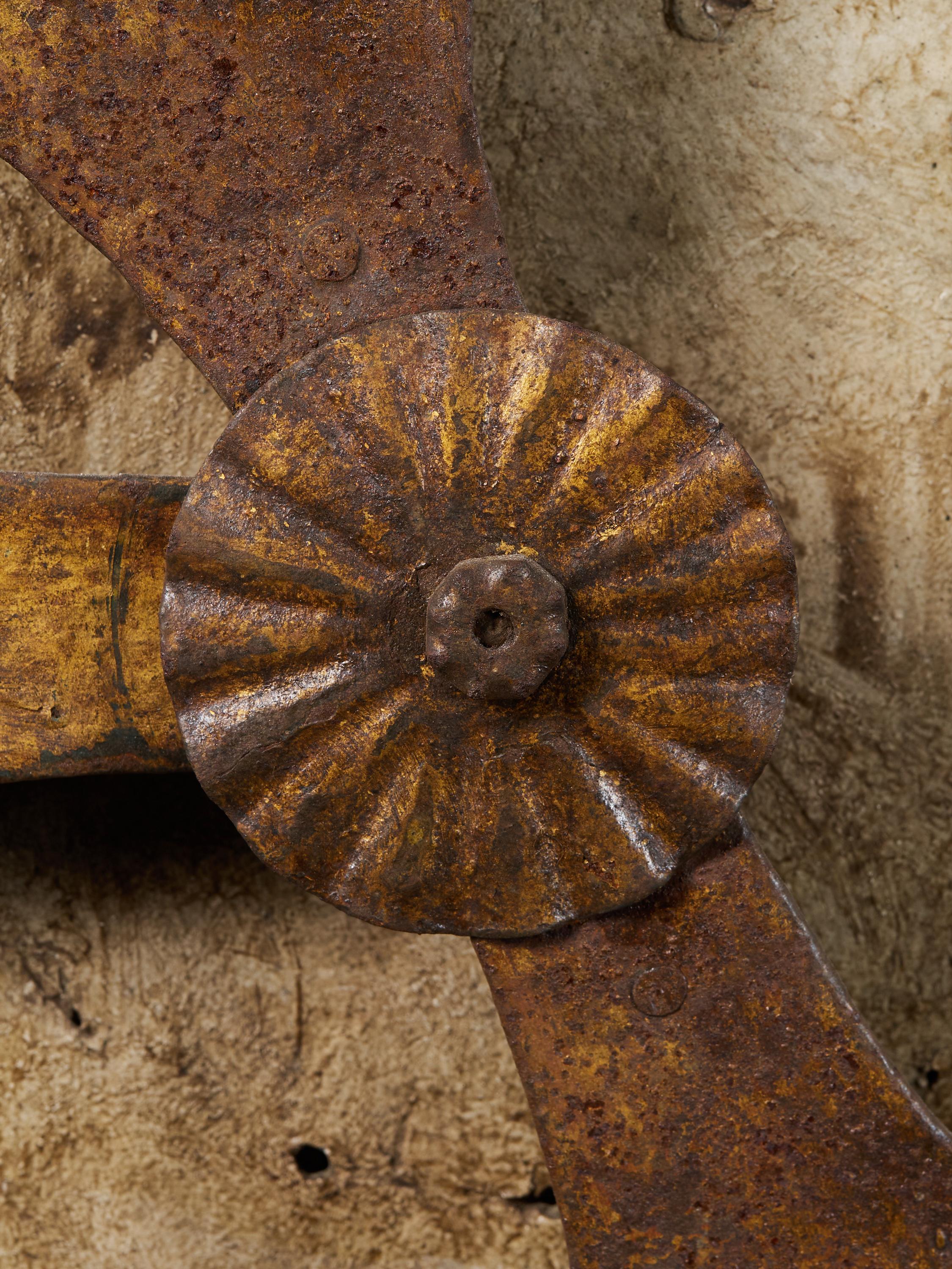 Fruitwood Monumental Clock on a Polychromed Panel with Hands in Golden Metal For Sale