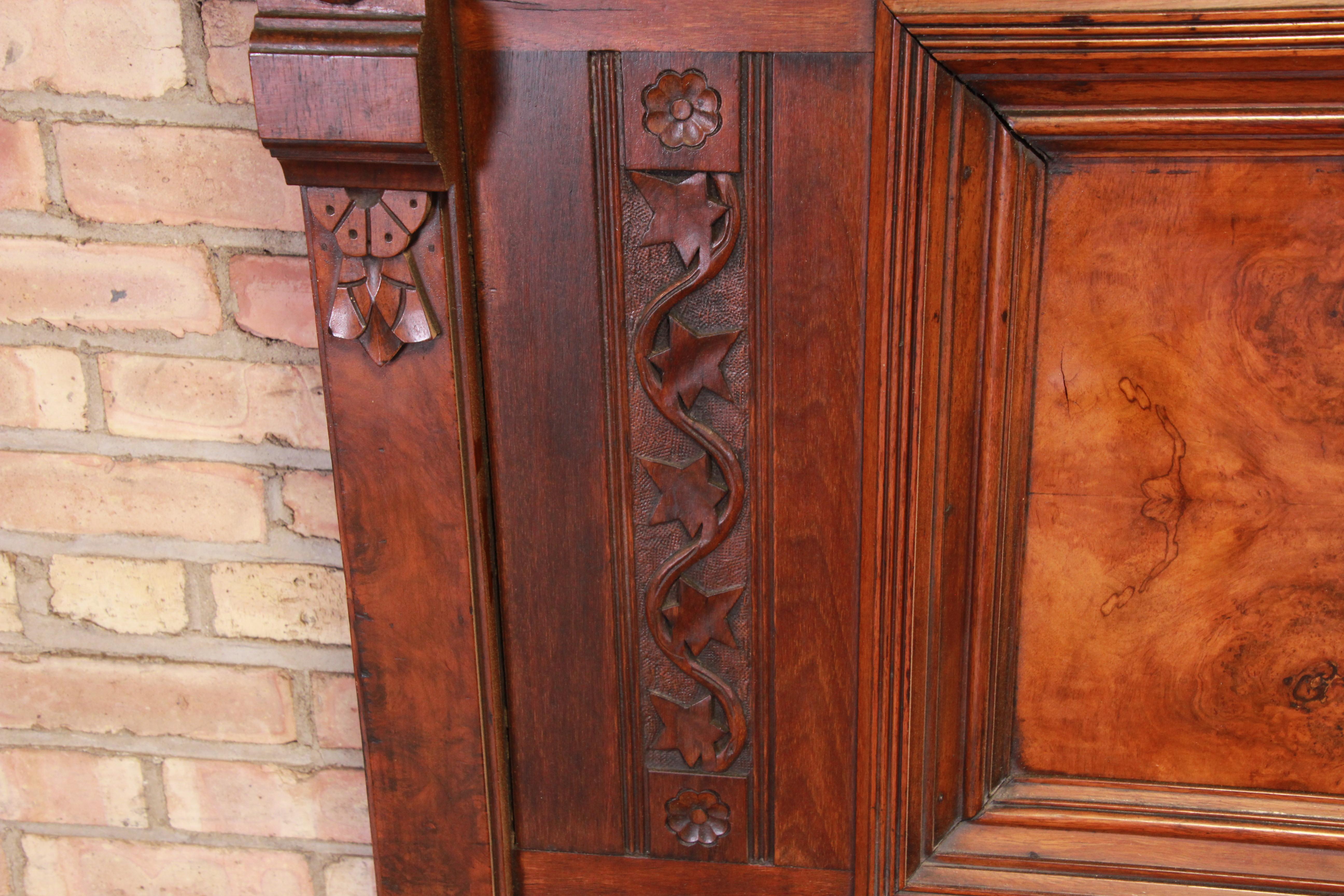 Monumental Eastlake Victorian Carved Walnut and Burl Wood Bed, circa 1870 4