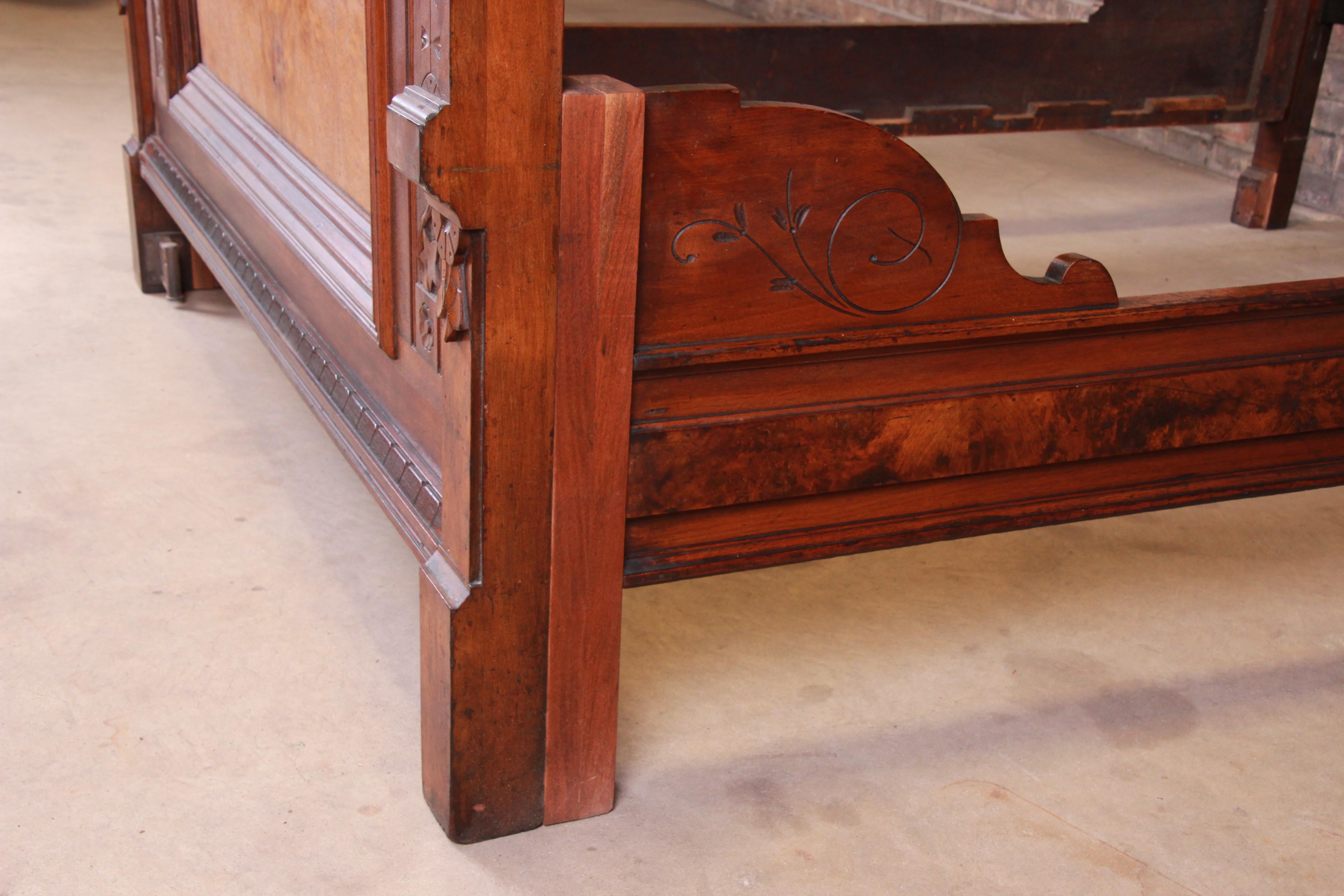 Monumental Eastlake Victorian Carved Walnut and Burl Wood Bed, circa 1870 6