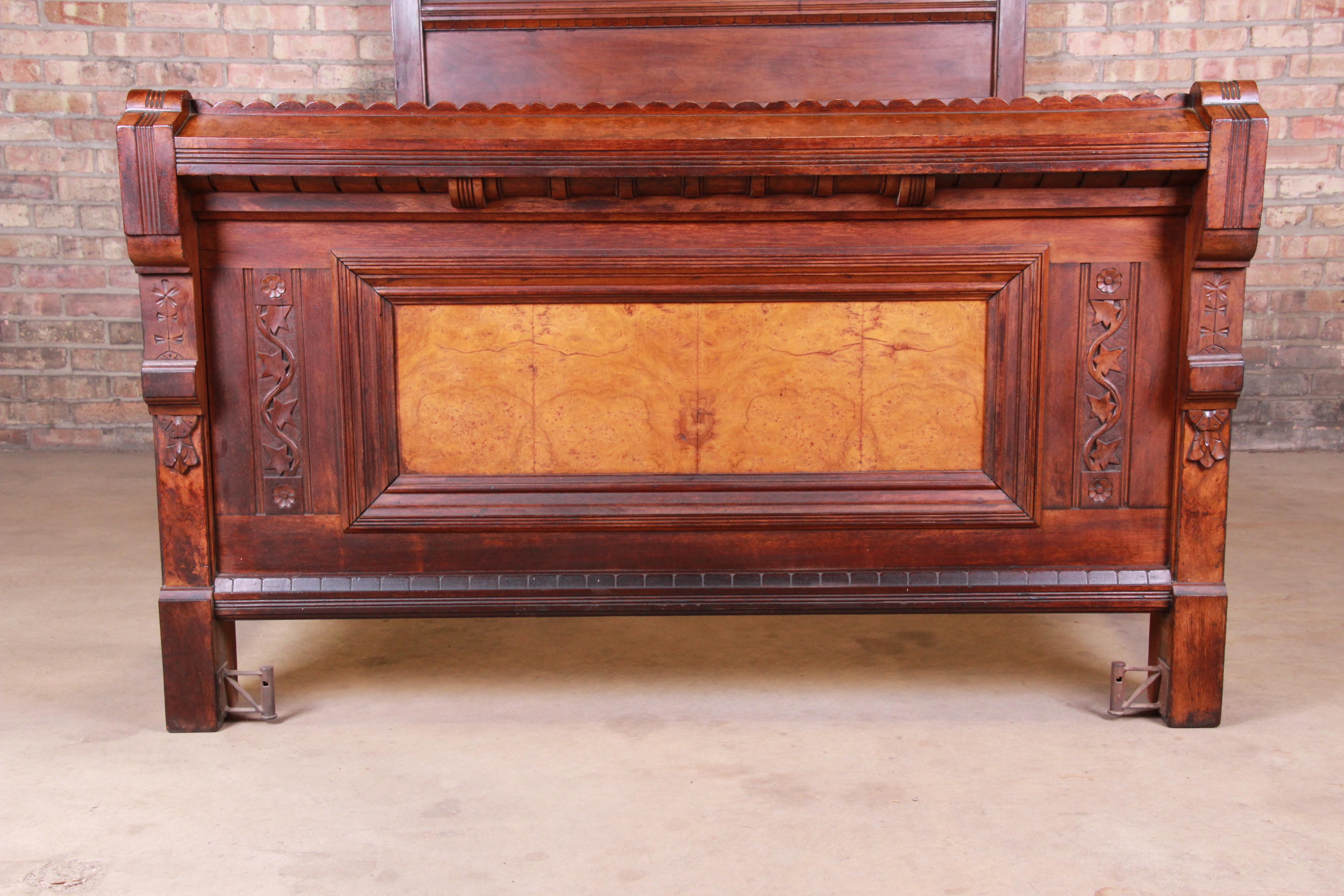 Monumental Eastlake Victorian Carved Walnut and Burl Wood Bed, circa 1870 In Good Condition In South Bend, IN